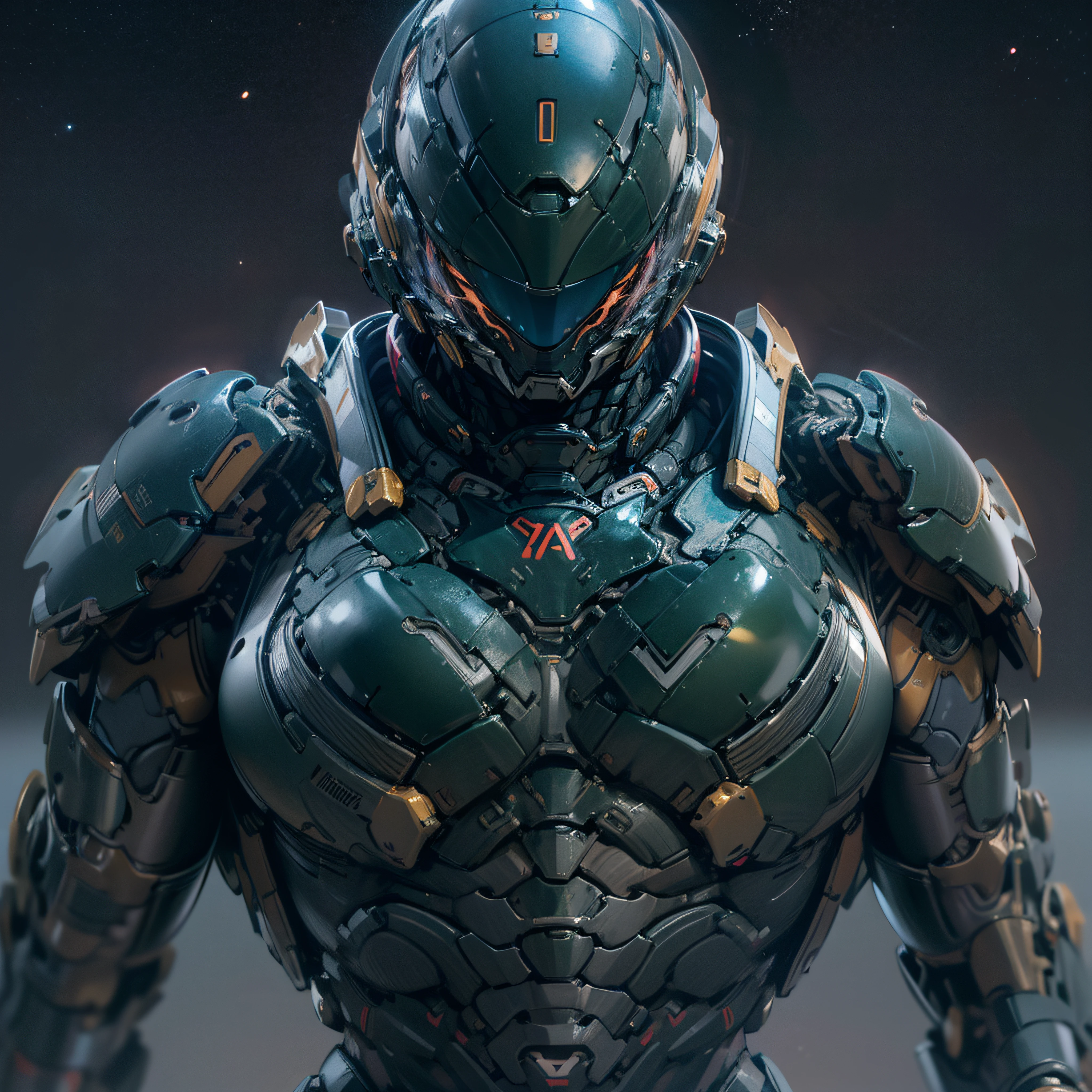 Full body, dark navy space suit, combat posture, sharp creases on the surface of the shell, streamlined curves and transitions, tightly connected abdominal armor showing symmetrical angles, with biological rib like abdominal armor layer by layer covering and connecting, and shining veins between the gaps of abdominal armor. The EVA of the back armor combines the shell and electronicses, best qualtiy, Realiy, ultra-detailliert,8k,