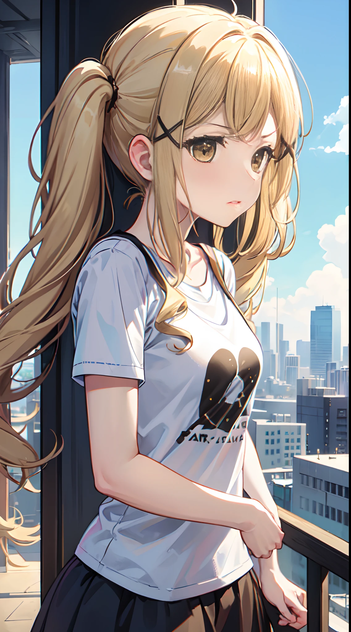 arisa, bang dream, 1girl, solo, long blonde hair, pigtails, cross-shaped hair tie, light brown eyes, grumble, t-shirt, city, bright blue morning.