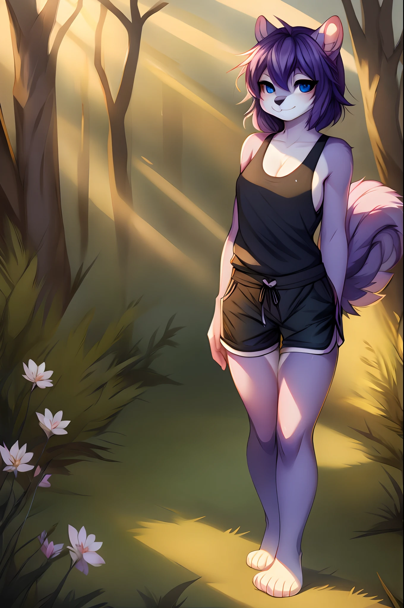 Kaori, furry anthro girl, full body shot, standing, wearing black shorts, black tank top, barefoot, outdoors, blue eyes, cute squirrel tail,