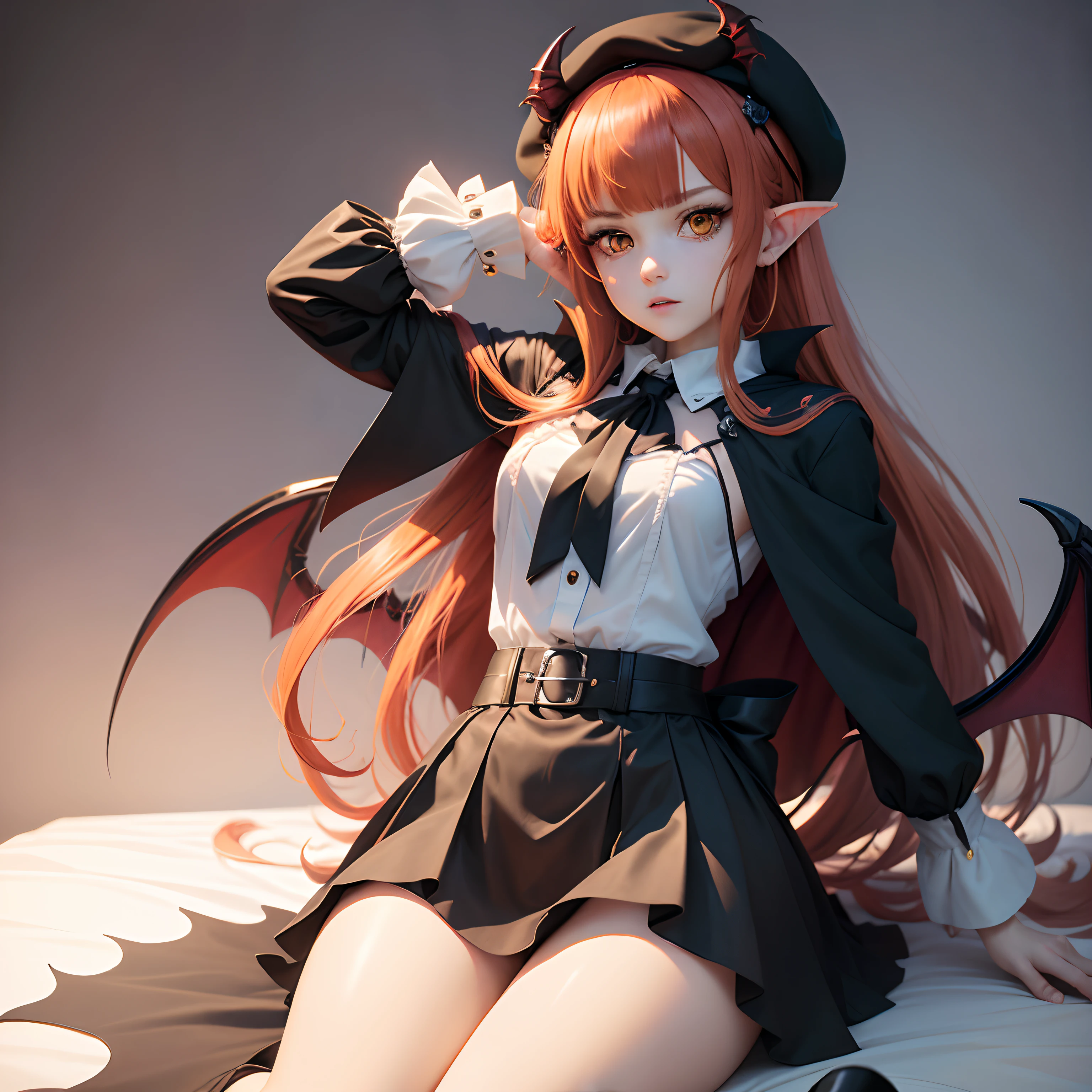 masutepiece, Best Quality, 1girl in, Solo, Yellow eyes, Red hair, Medium chest, Demon Girl, demon tail, Demon Wings, small demonic horns, pointy ear,Twin-tailed, Bat hair ornament, Cape, White shirt, White legwear, stuffed toy, plushies, beret, gloves, Bangs, hat,fullnude,All ,Open your crotch,take bath,taking shower,enter hot spring,,urinate,Foam on the body,Opening Mouth,Foam flows from the mouth,