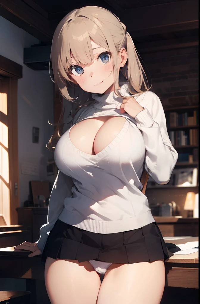 ultra-quality, ultla highres, Hyper Detailed, High contrast, superfine illustration, creative refinement, ssmile,White panties, Show panties, skirt by the, livingroom, A tight-fitting sweater, Cleavage is visible,
