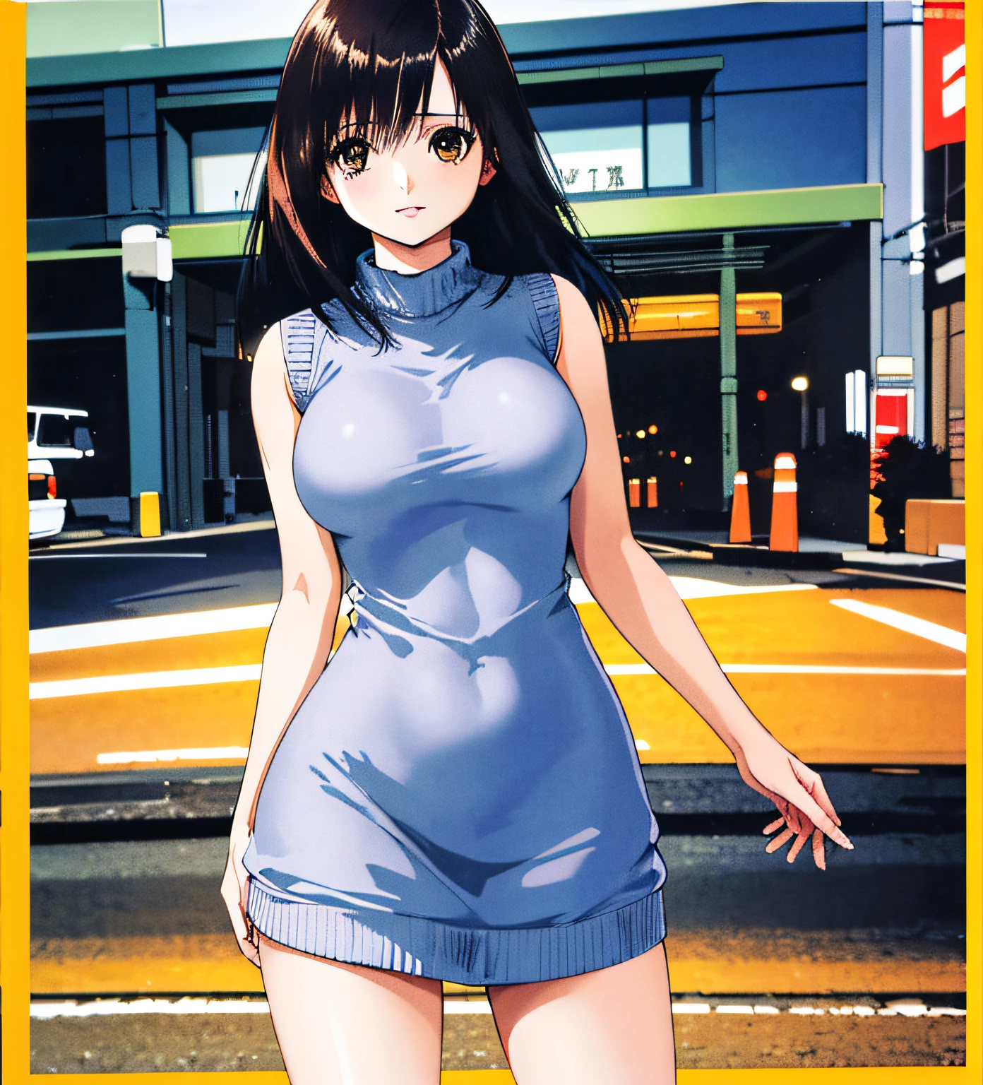 masterpiece, best quality, highres, ichigoaya, solo, sweater dress, sleeveless, standing, cowboy shot, street,