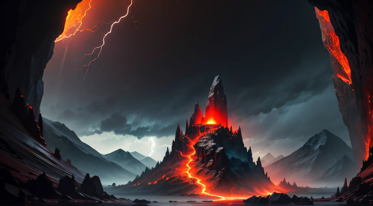 A red dragon in his cave on a dark, lava-filled mountain with lightning in the dark skies.