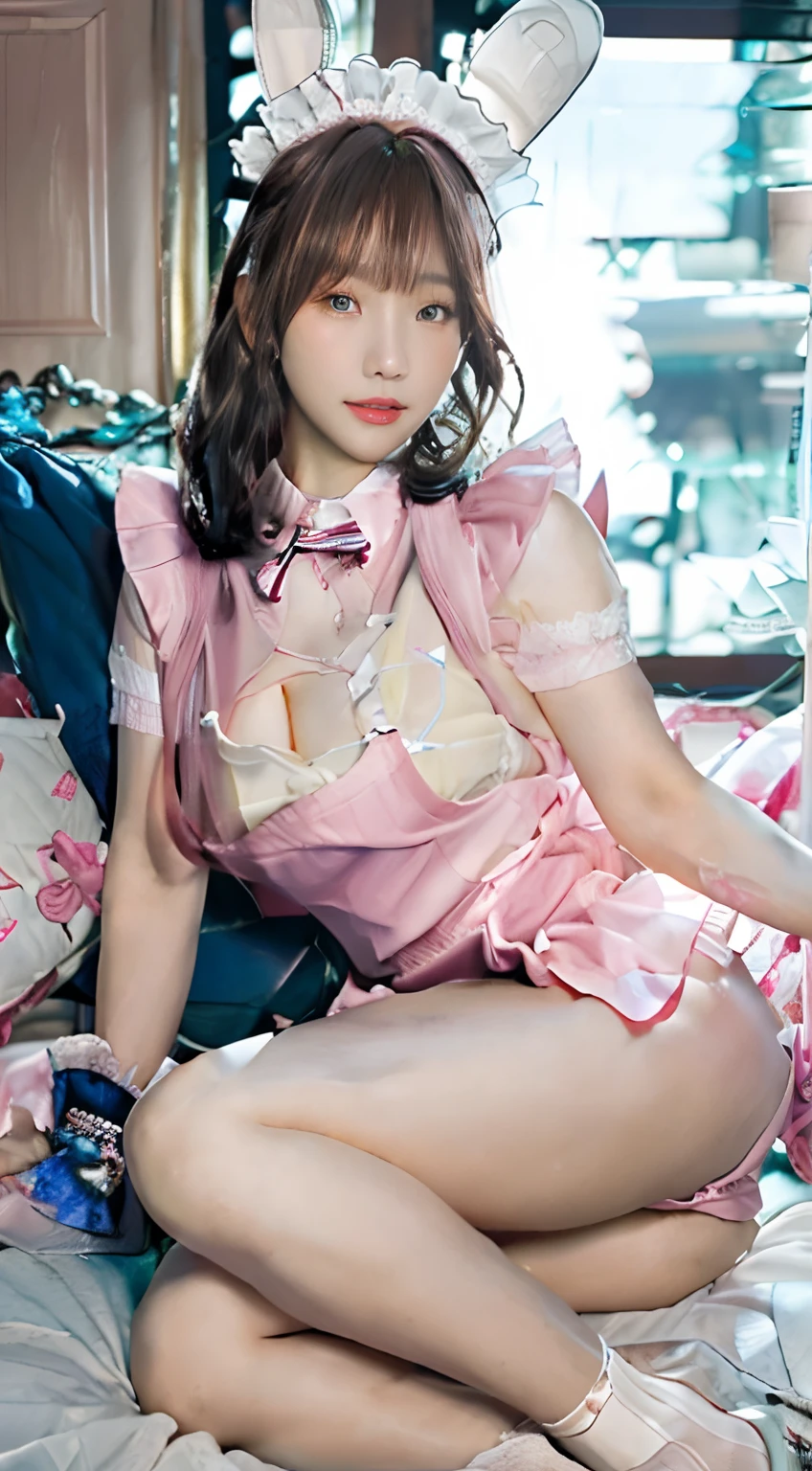 Korean Bunny Girl,Being in bed,(Lying on your back in bed:1.2)(((tmasterpiece))), ((best qualtiy)), ((intricate detailes)), ((Ultra-realistic realism)), Ridiculous resolution, A MILF, Mature Woman, see -through, ighly detailed, illustratio, 1girll, ((Large breasts)), perfect hand, Detailed finger, Beautiful detailed eyes, Long grey hair, with brown eye, Name badge, ( Front wide open , The dough is very thin, The fabric is very transparent, Korean Style Lewd Pink Micro Leotard Costume:2.3), Maid Neck Ring,Pink Maid Apron,Pink suspender underwear,Pink suspender stockings, 耳Nipple Ring, detailedbackground, Bedrooms, perfect eyes, mesmerizing eyes,cocked ass,Reddened face,(weeping:1.2),confused eyes,Slightly open mouth, (((Boldly spread your legs:2.5))), ((One-person viewpoint, Eye-Level Shot)), (((Huge chest on the verge of bursting, sideboob barbosa,underboob )))