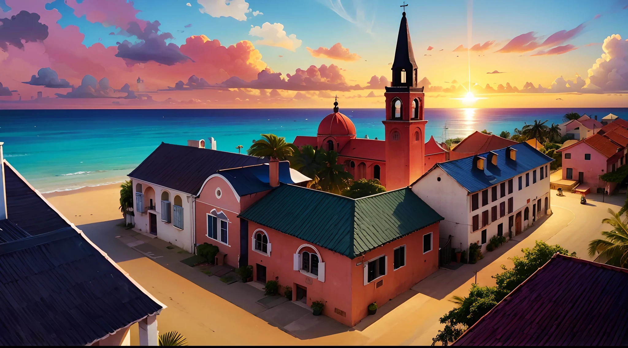 Nombre de Dios, City, Spaniard City in Caribbean Sea, Spanish, Terra Firme, Central America, very beautiful and rainbow color Sunset, busy, tower, bell tower, houses, dock, storage, 16th century, conquistador camp, camp fire, camp, horse's stable, Church, Central America, afternoon, random views, dirt road, hot