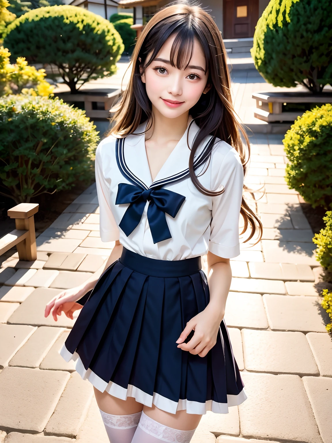 (masterpiece, best quality:1.2), 1girl, woman, 18 years old、 cute、(white shirt, sailor , navy pleated skirt:1.2) Idol style、smile、Beautiful fresh green park, whole body、