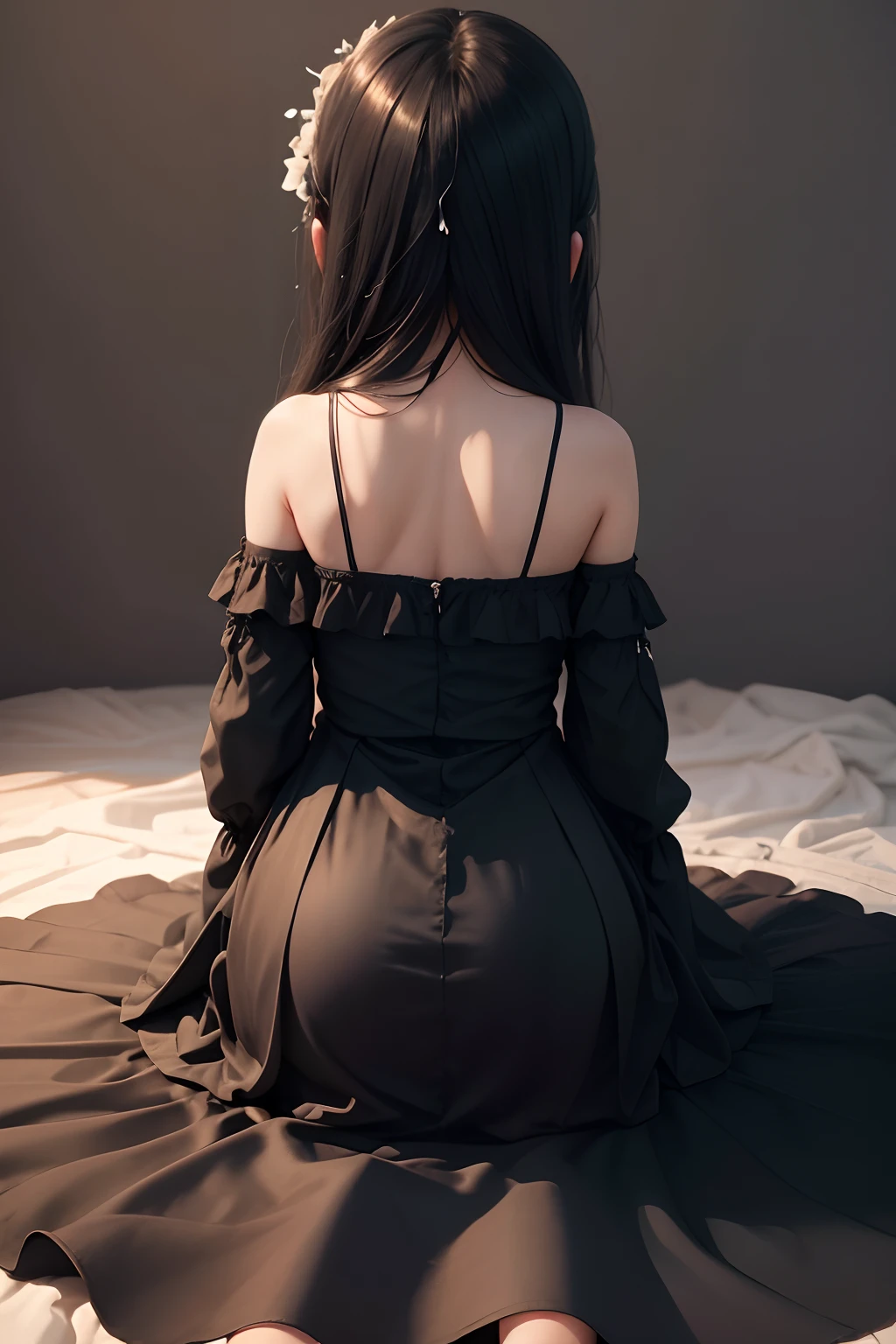 Cute 5 year old girl, dressed in a long black dress, kneeling and leaning on the bed, seen from behind, the back of the dress full of seminal fluid behind the dress, Dress with semen marks, drops of semen falling on the cloth, Semen, with numerous drops of semen hanging from the cloth. well lit area