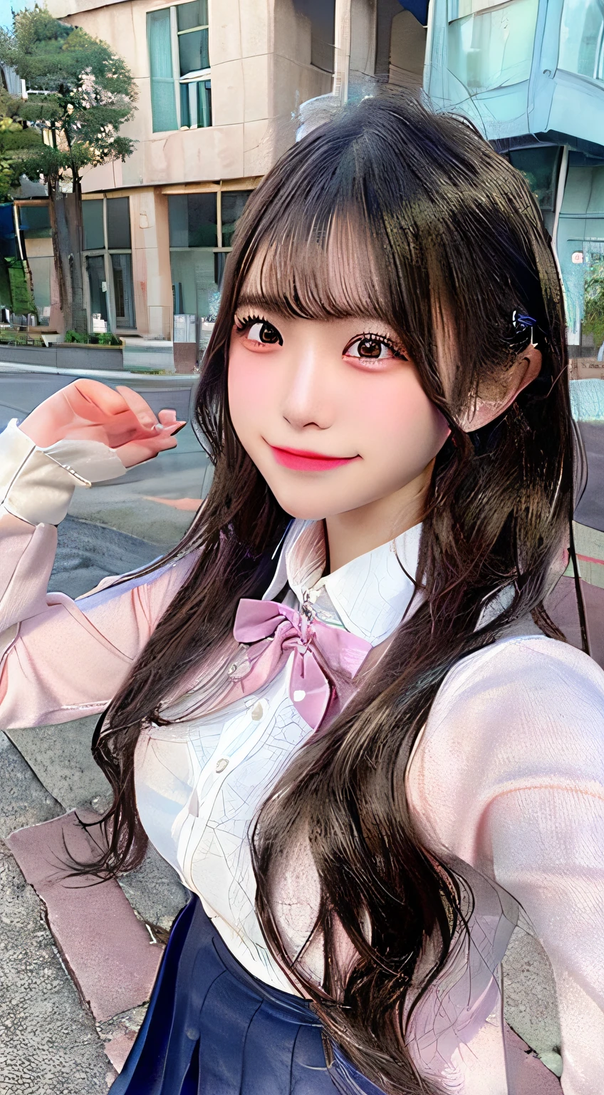 Twin-tailed、School uniform, Cardigan 、neck tie、a short skirt、The wind is blowing and pink panties are visible、knee high socks、takeout、In public、blazers、student clothes、18year old、Revealing clothes 、skinny  body、Feet to head、full body Esbian、Valley、Constriction、(8K、Raw photography、Top image quality、​masterpiece:1.2)、high-definition RAW color photography、professional photograpy、(realisitic、photos realistic:1.37)、((top-quality))、女の子1人、ciinematic light、(Face of detail:1.2)、(​masterpiece:1.5)、(top-quality:1.2)、(A smile:1.2)、(Look at viewers:1.2)、mascara、makeups、teak、Ultra-realistic capture, Highly detailed, High resolution 16k close-up of human skin. Skin texture must be natural, Detailed enough to finely identify pores. Skin should look healthy, In a uniform tone. Use natural light and color