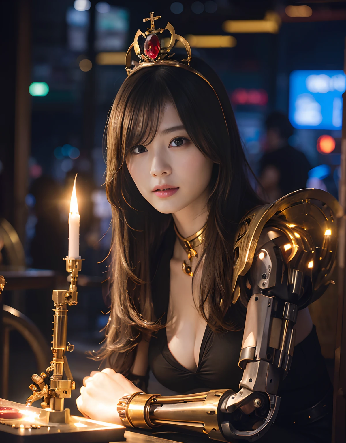 (1 Mechanical Girl)、top-quality、masterpiece、超A high resolution、(Wearing a crown made of jewels),(Photorealsitic:1.4)、Raw photo、1人、Golden hair、glowy skin、(((1 Mechanical Girl)))、(Realistic dragon background)、(Fight big dragons)、With a beautiful knife、(Metal bodysuit)、(Beautiful church background)、Precipitous cliffs、(Small LED)、((super realistic details))、portlate、globalillumination、Shadow、octan render、(One-Eyed Scouter)、8K、ultrasharp、Colossal tits、Raw skin is exposed in cleavage、metals、Details of complex ornaments、Japan details、highly intricate detail、Realistic light、CGSoation Trends、Red Eyes、radiant eyes、Facing the camera、neon details、(Mechanical limbs)、(blood vessels connected to tubes)、Mechanical vertebrae attached to the back、mechanical cervical attaching to neck、(Wires and cables connecting to the head)、Gundam、Small LED、,Mechanical thighs、Toostock、(Hands are also made of machines)、