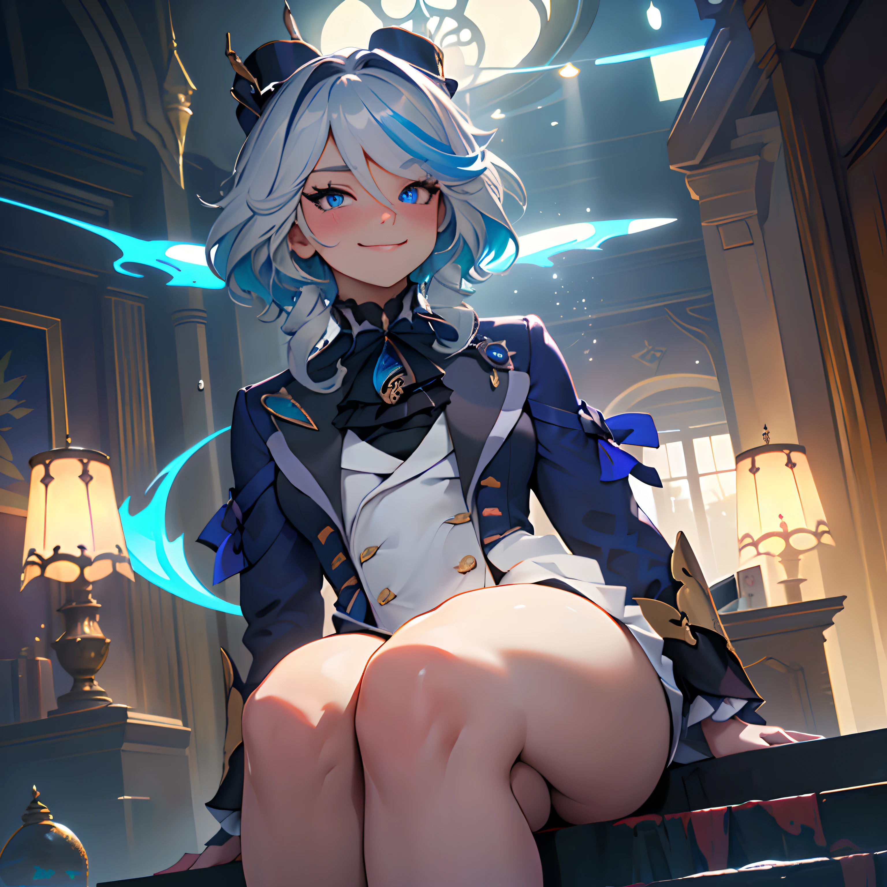 Furina, Surrealism, 8k, super detail, hydro archon,extra thicc thighs, sitting, bratty face, smug, beautiful eyes, genshin, masterpiece, best quality, ultra-detailed, illustration, epic lighting, cinematic composition, isometric, 1girl, solo, cute,enchanting gaze, captivating pose, indoors, looking at viewer, blush, seductive smile, closed mouth, bratty, smug(8k:1.1), 20 years old