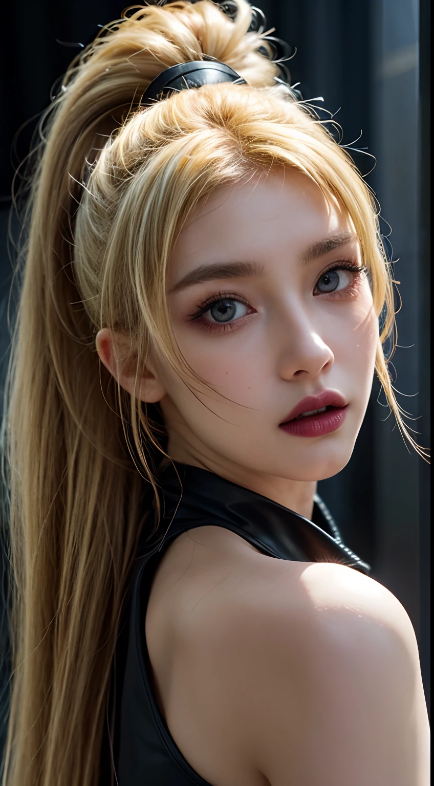 superb rendering, 8k, Masterpiece, Ultra Quality, Beauty: 1.2, Professional Illustration: 1.1, Ultra Detail: 1.3, Ultra Lighting, Highly Detailed, (dark light details) 1girl,
Goth_punk
heterochromia with Red Eyes and Yellow Eyes, blonde hair, high ponytail, gorgeous, detail hair, midshot, centered image, ultra detail, extremely face detail, extremely eye detail