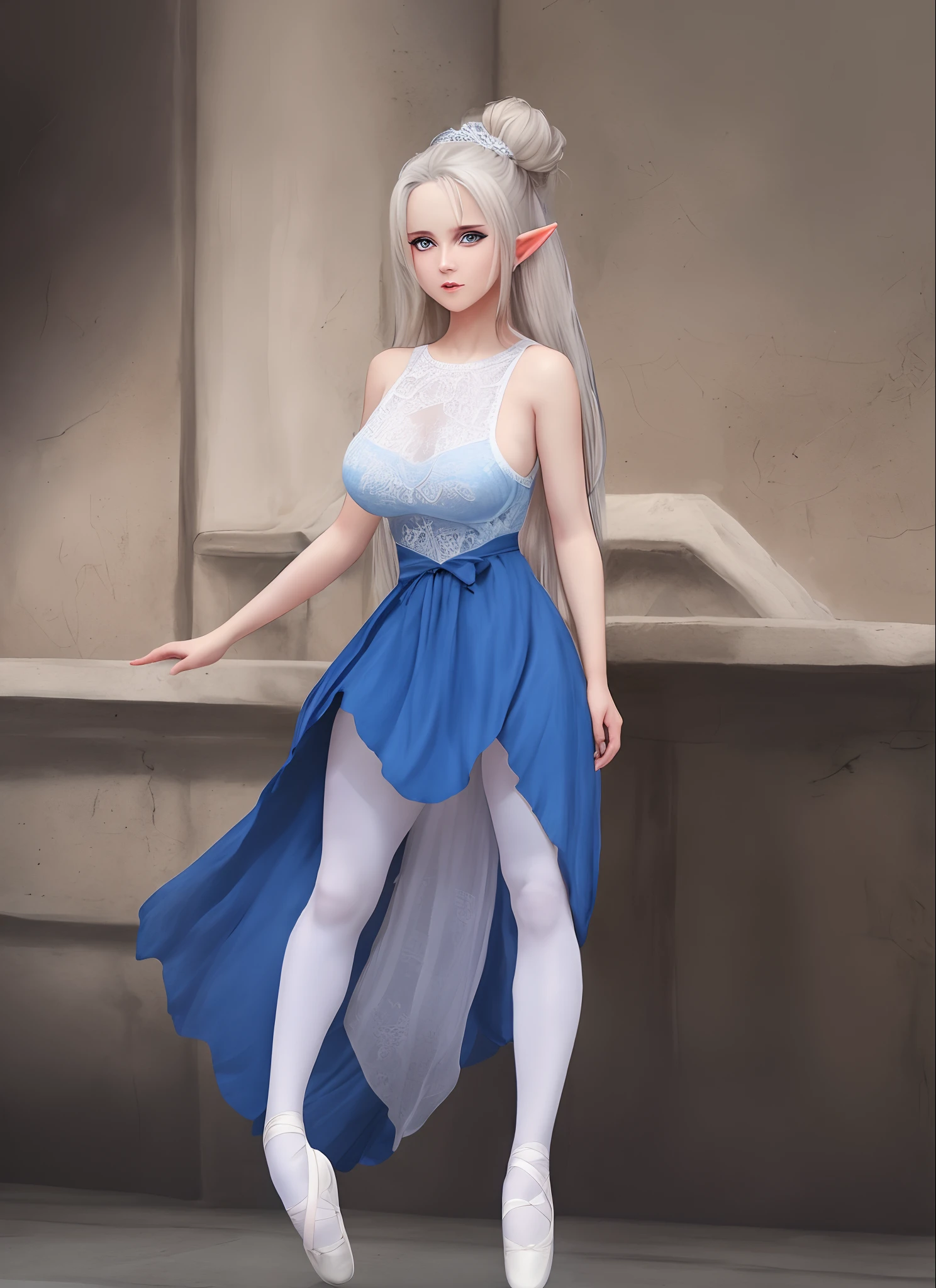 （Extremely normal body：2.0）A gorgeous stage background：1 Elf beauty，White crop top top，(Elf long ears)，Light blue extra-long hair，extra very long hair，A bun，Blue-lace-trimmed maxi dress)，Long blue dress，The skirt that reaches the feet，White short stockings，Ballet shoes，two longer legs，Normal feet ， very detailed eyes and faces， Sharp pupils， realistic pupil， tack sharp focus， cinmatic lighting，full bodyesbian，Bigboobs，long leges，From the front side，dynamicposes，Normal posture，closeup of face