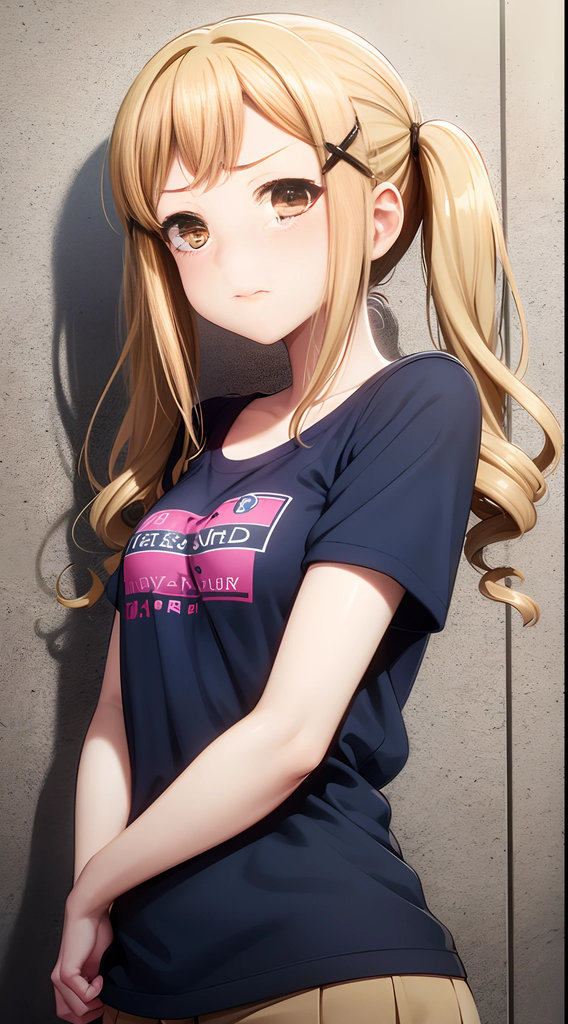 arisa, bang dream, 1girl, solo, long blonde hair, pigtails, cross-shaped hair tie, light brown eyes, grumble, t-shirt, city, bright blue morning.