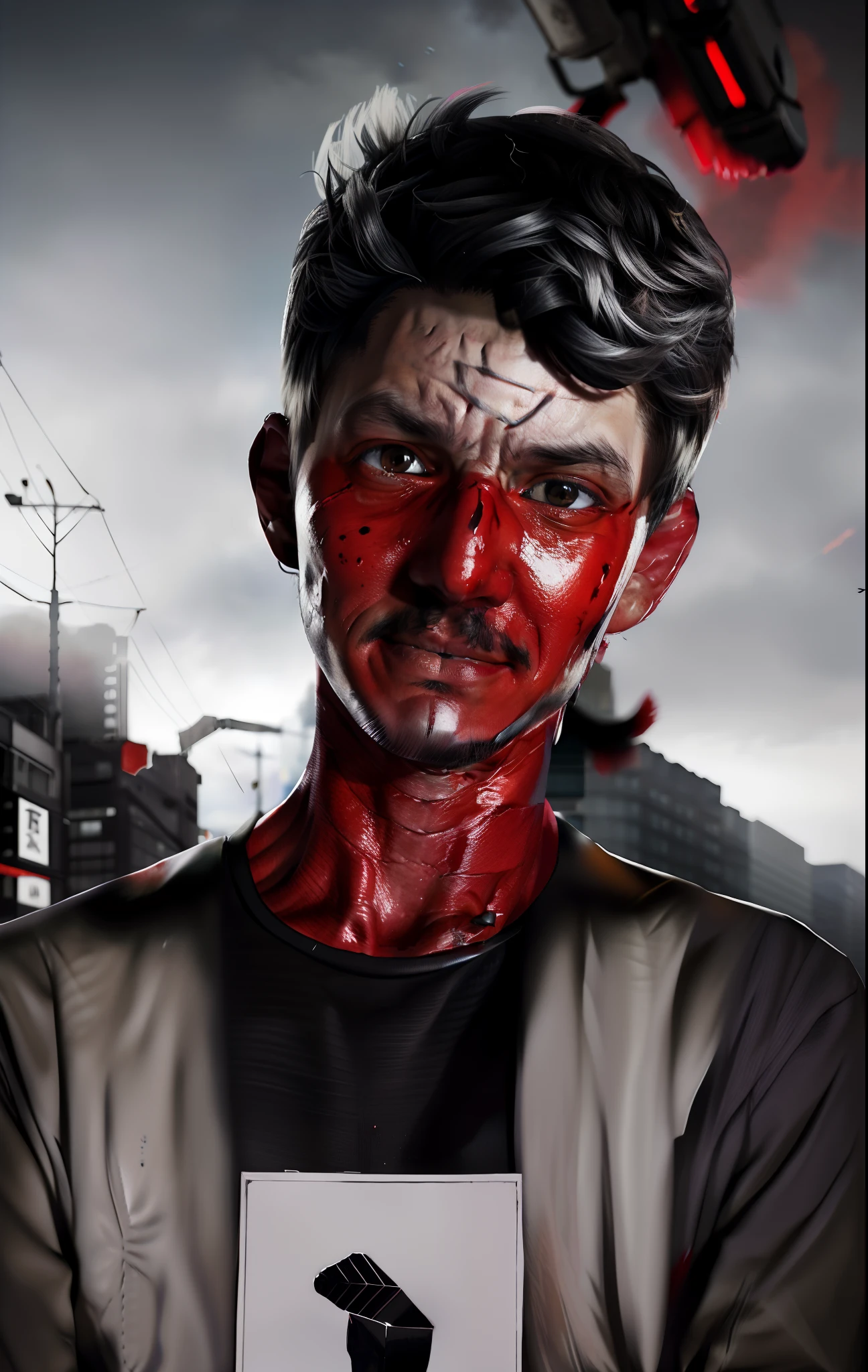 "Kaneki Ken in a highly detailed artwork with stunning realism, showcasing his intense gaze and iconic white mask. The lighting should be dramatic, casting shadows that enhance the mysterious atmosphere. Include subtle hints of blood splatter and a dark cityscape background to capture the essence of the Tokyo Ghoul series.+"