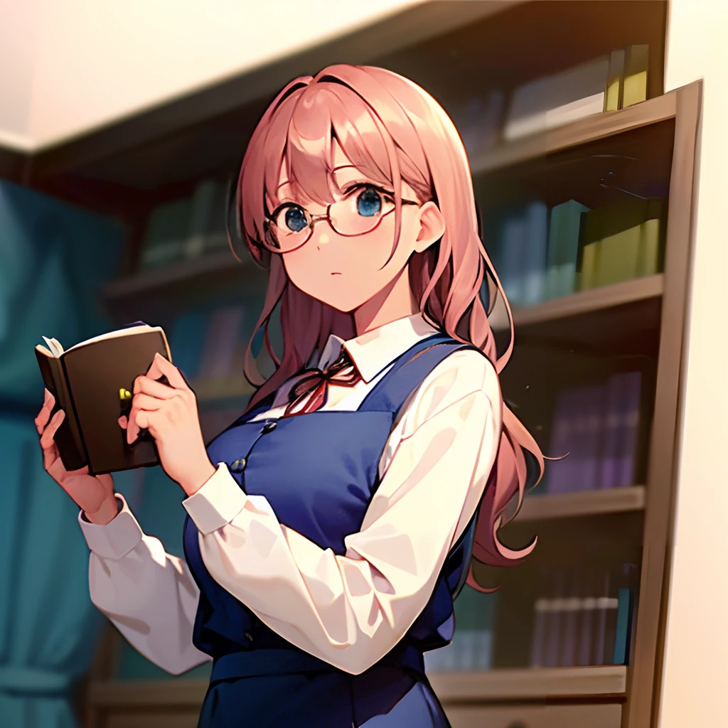 (​masterpiece)、(Top image quality)、A lot of books are stored on a high shelf like a mountain.、Underneath it is、Woman in glasses is reading a book、Clean face、FULL BODYSHOT、shelves:0.8,femele:0.2,Medium-range photography, please.