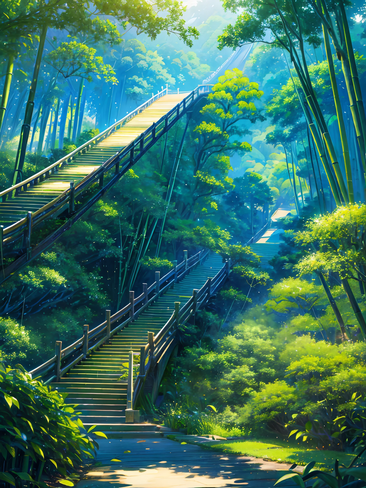 Pure landscape view、bamboo forrest、It was raining in the bamboo forest、bamboos、Bamboo leaves fall everywhere、Beautiful artistic conception、precipice、Green、Steps are clearly visible、China-style、Chinese characteristics、Pond lotus