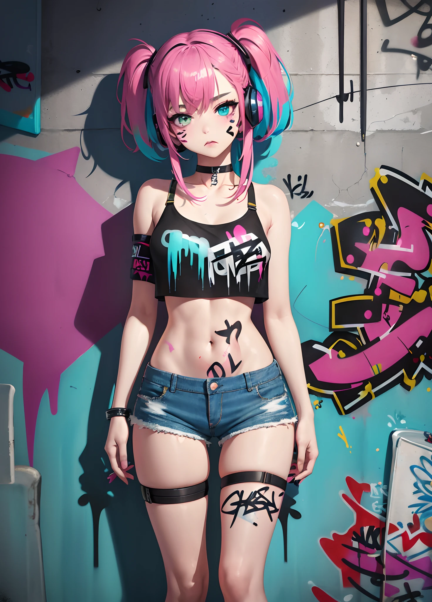 masterpiece, best quality, 1girl, solo, crop top, denim shorts, choker, (graffiti:1.5), paint splatter, arms behind back, against wall, looking at viewer, armband, thigh strap, paint on body, head tilt, bored, multicolored hair, aqua eyes, headset,