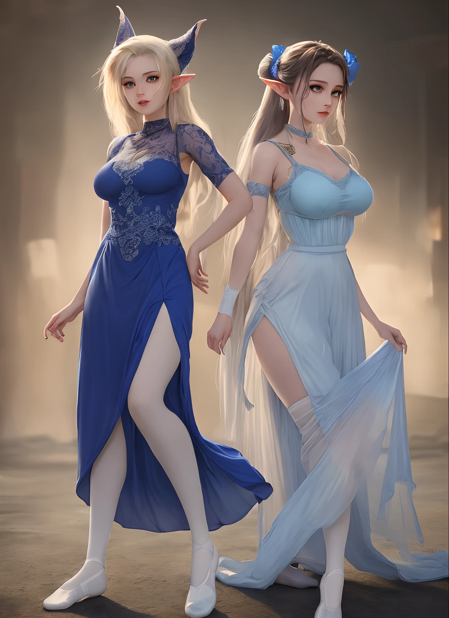 (Extremely normal body:2.0)A gorgeous stage background:1 Elf beauty,White crop top top,(Elf long ears),Light blue extra-long hair,extra very long hair,A bun,Blue-lace-trimmed maxi dress),Long blue dress,The skirt that reaches the feet,White short stockings,Ballet shoes,two longer legs,Normal feet , very detailed eyes and faces, Sharp pupils, realistic pupil, tack sharp focus, cinmatic lighting,full bodyesbian,Bigboobs,long leges,From the front side,dynamicposes,Normal posture,closeup of face