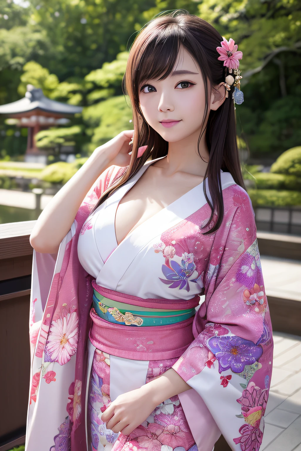 Master peace, best quaity, (((Real、photo-realistic:1.37))), ((solo)), 8K image quality , extremely delicate and beautiful, marvelous, Official art with attention to detail, Ridiculous, incredibly absurdres, huge filesize, ultra- detailed, highly detail, (Pretty girl), (detailed girl), Detailed eyes and face, Beautiful detailed eyes, Light makeup, (1 girl), (Perfect female figure), big chest, slim waist, large buttocks, (The beauty of the Japan), ((all body)), With bangs, Hands down in front of the body, Fold your hands, appeal, Gentle smile, (Furisode), Wide strip, (japanese kimono), (Age28), Frugal kanzashi, Bun hair,