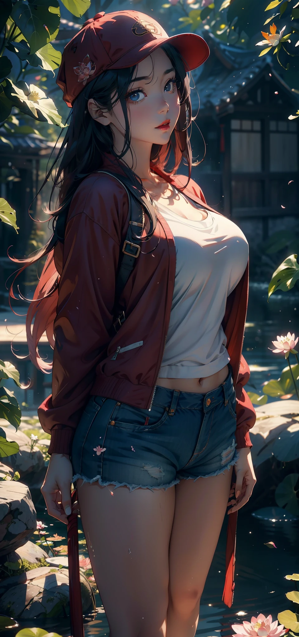 1female,35yo,plumw,extremely large bosom, 独奏,(Background with:ponds,Cherry blossom forest,lotus flower)Lie underwater, She has long pink hair,standing on your feet,seen from the front,, mostly cloudy sky,(((tmasterpiece),(Very detailed CG unity 8K wallpaper),best qualtiy,cinmatic lighting,detailed back ground,beatiful detailed eyes,Bright pupils,Black eyes,Snow-whiteskin,Redlip(Very fine and beautiful),(Beautiful and detailed eye description),ultra - detailed,tmasterpiece,))facing at camera,A high resolution,ultra - detailed),revealing breasts,Bare genitalia, Bulge,legs are open,Raised sexy,Camel toes,Flushed complexion,Desire for dissatisfaction,frontage,(Wearing:baseball cap,Red baseball jacket,Extra-short denim shorts)