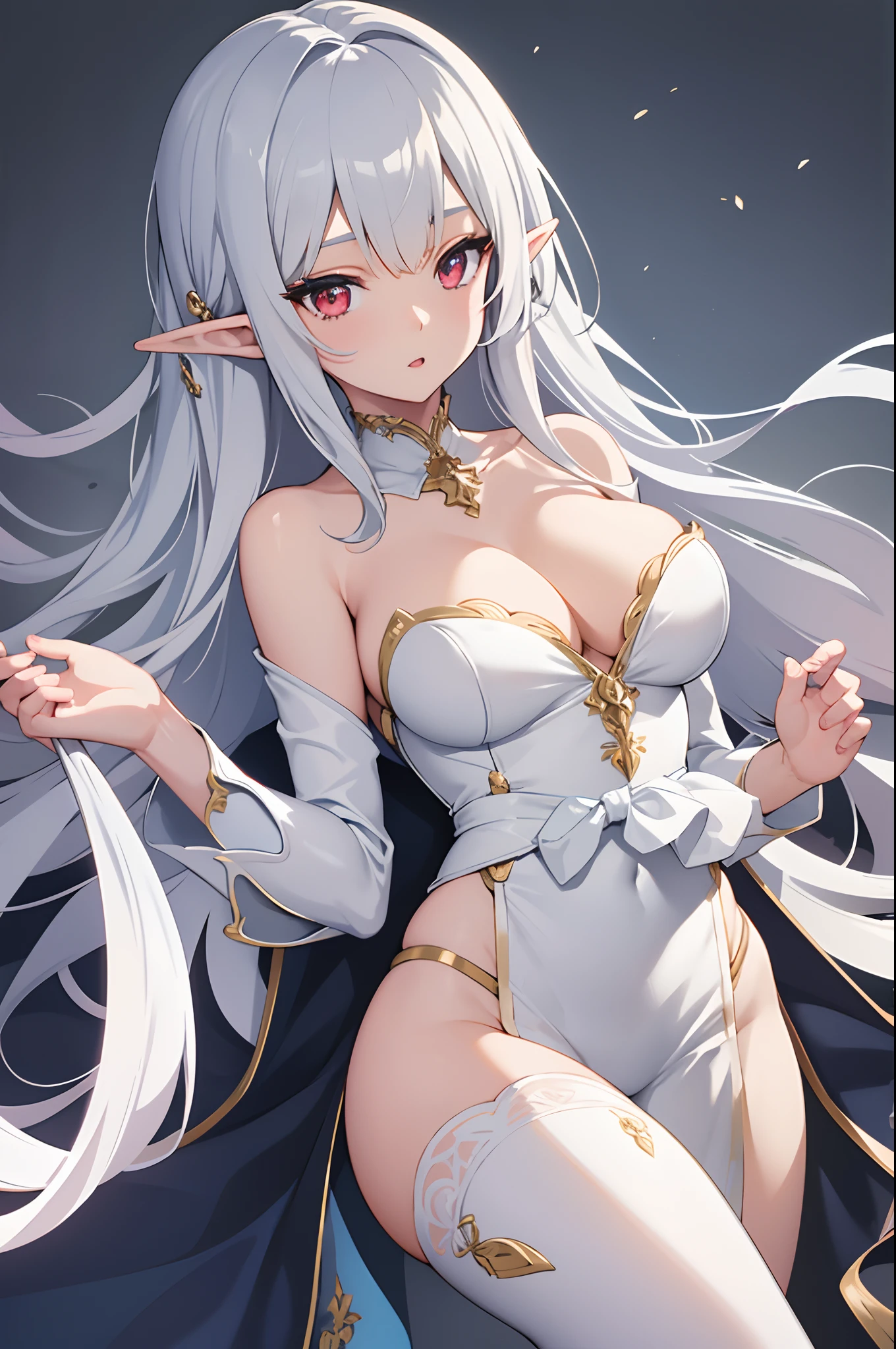 1girl, anime, cute girl, elf, blank background, white background, fantasy, detailed dark fantasy dress with highlights, beautiful face, beautiful eyes, dark colors, medium breasts, slight cleavage, beautiful skin, cute, silver hair, red eyes, breast curtains, extremely delicate and beautiful, (beautiful detailed face:1.0), (detailed deep eyes), symmetrical breasts, deep eyes, shiny skin, portrait, slender waist, hips wider than shoulders, thighs, young girl
