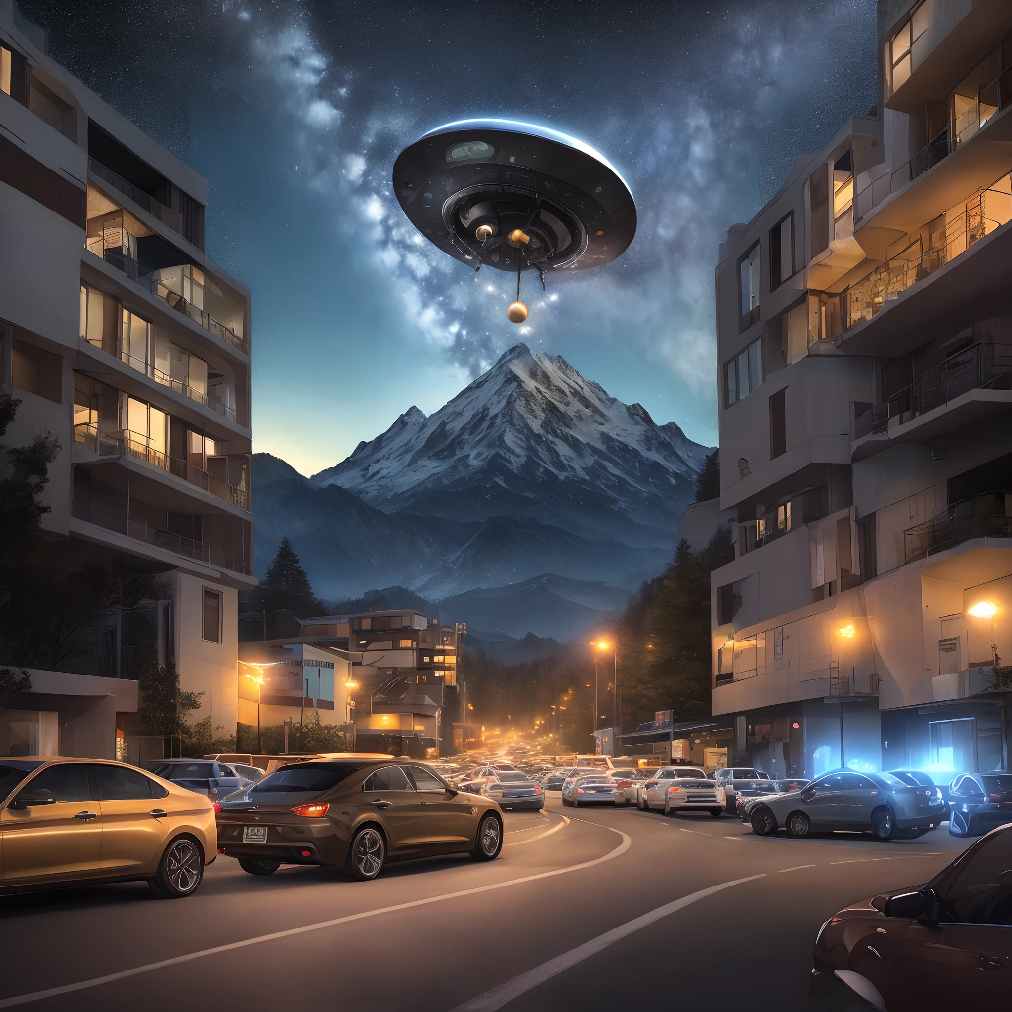 Best quality, Masterpiece, Realistic,Digital art, ultra - detailed,DonMBl00mingF41ryXL uranium technology artificial intelligence alien planet traffic jam,Starry sky,mountain stream, Octane rendering, Ray traching, voluminetric lighting, The light from the back window is backlighted,rim lit, 8K, hdr,