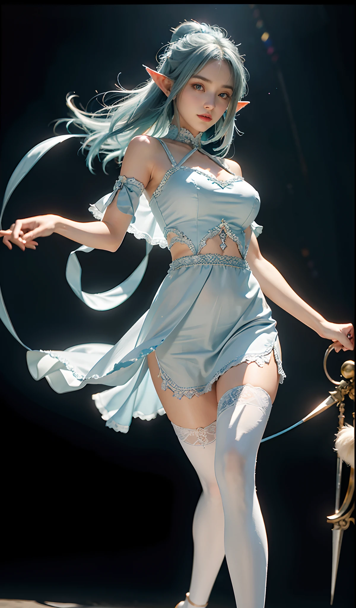 (Extremely normal body:2.0)A gorgeous stage background:1 Elf beauty,White crop top top,(Elf long ears),Light blue ultra-short hair,extra very short hair,A bun,Blue-lace-trimmed maxi dress),Long blue dress,Skirt that reaches the feet,White short stockings,Stocking feet,two longer legs,Normal feet , very detailed eyes and faces, Sharp pupils, realistic pupil, tack sharp focus, cinmatic lighting,full bodyesbian,Bigboobs,long leges,From the front side,dynamicposes,Normal posture,closeup of face