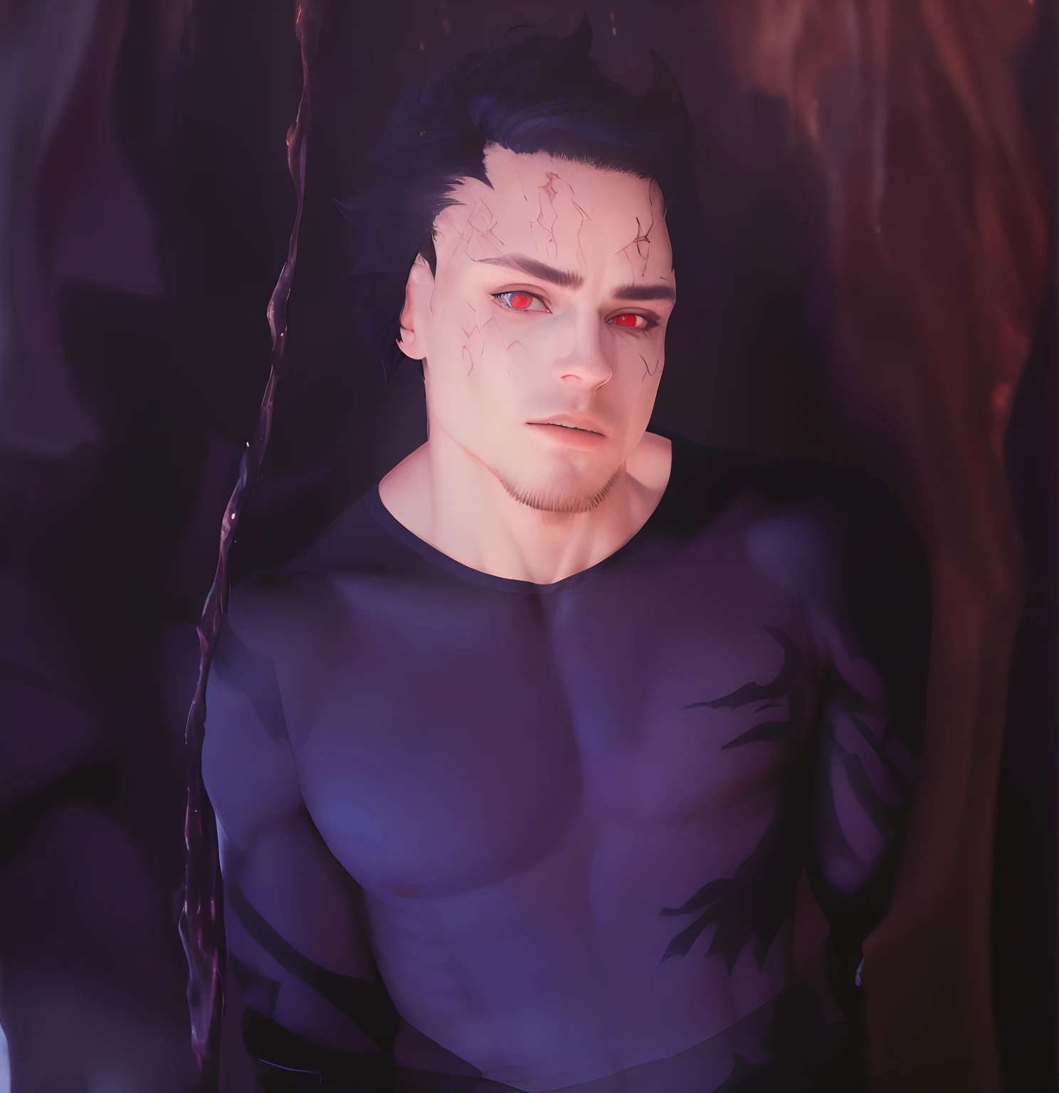 8k, complex, elegant, highly detailed, majestic, digital photography, surrealist painting, beating magic, winding ice and snow, (masterpiece, side light, fine beautiful eyes: 1.2), HDR, (glowing red eyes)), naked upper body, (glowing tattoo), handsome boy, black hair, muscles, black skin, demon horn, raining, handsome, facing the camera, masterpiece