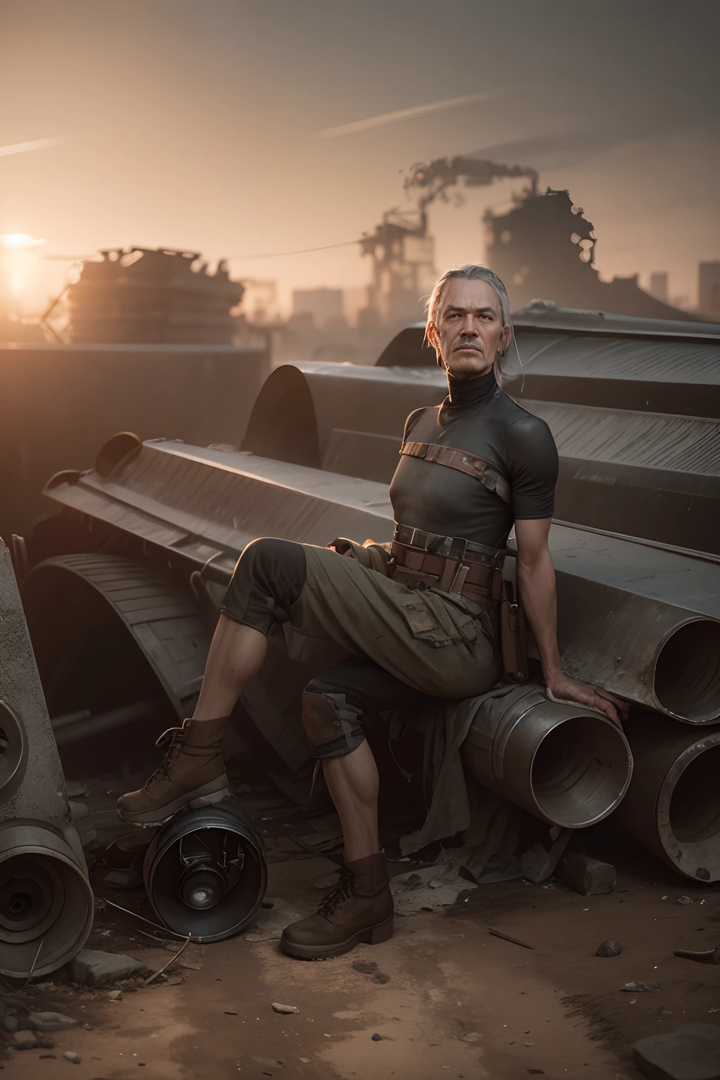 RAW photo, a close up portrait photo of brutal 45 y.o man in wastelander clothes, long haircut, pale skin, slim body, background is city ruins, (high detailed skin:1.2), 8k uhd, dslr, soft lighting, high quality, film grain, Fujifilm XT3