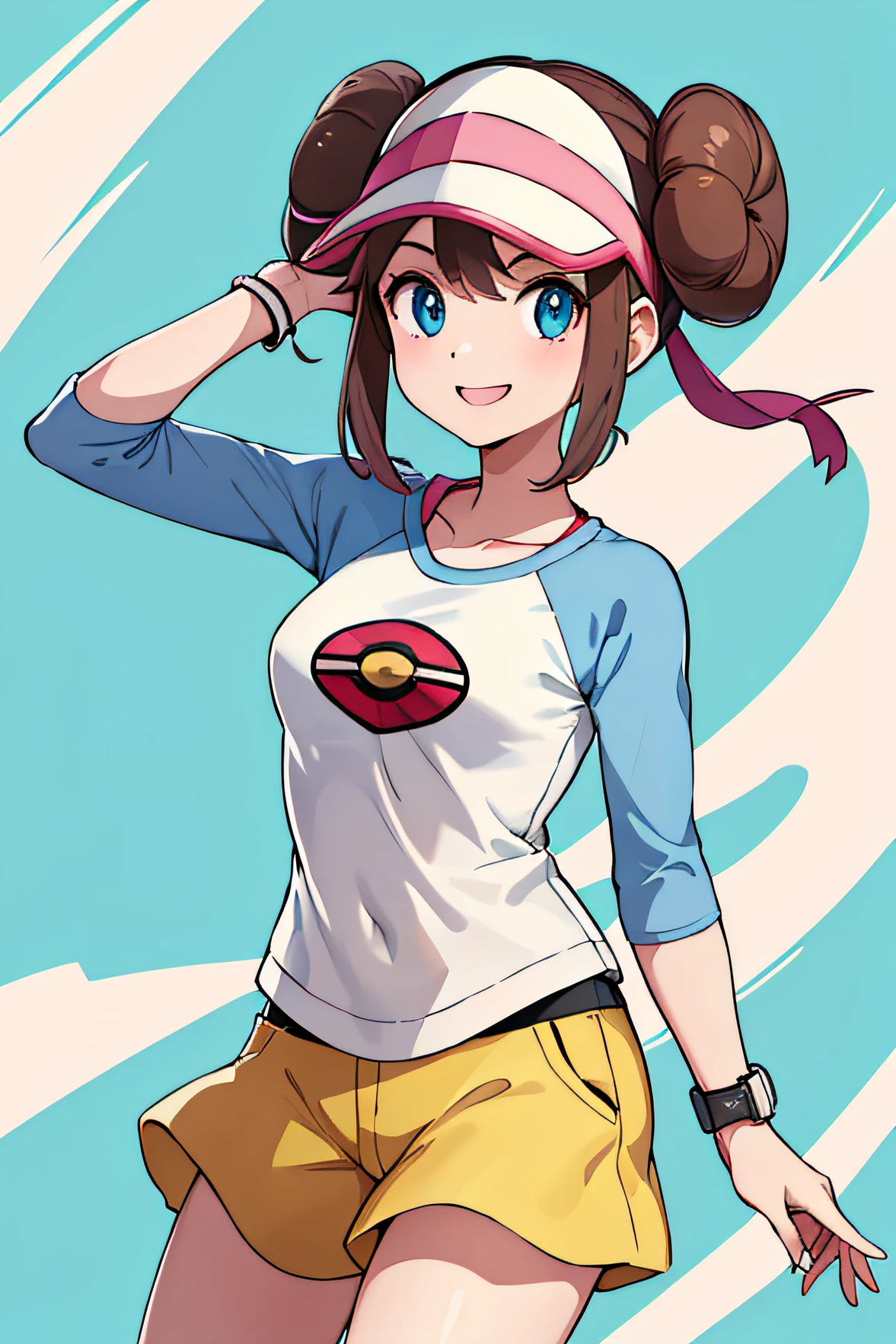 ​masterpiece, top-quality, Hi-Res, RO1, Hair buns, blue eyess, Twin-tailed, Visor Cap, panthyhose, raglan sleeves, Yellow shorts, The shirt, Pink ribbon, wrist watch, is standing, cowboy  shot, deph of field, pokeball \(basic\), a smile、Van Gogh-like drawing