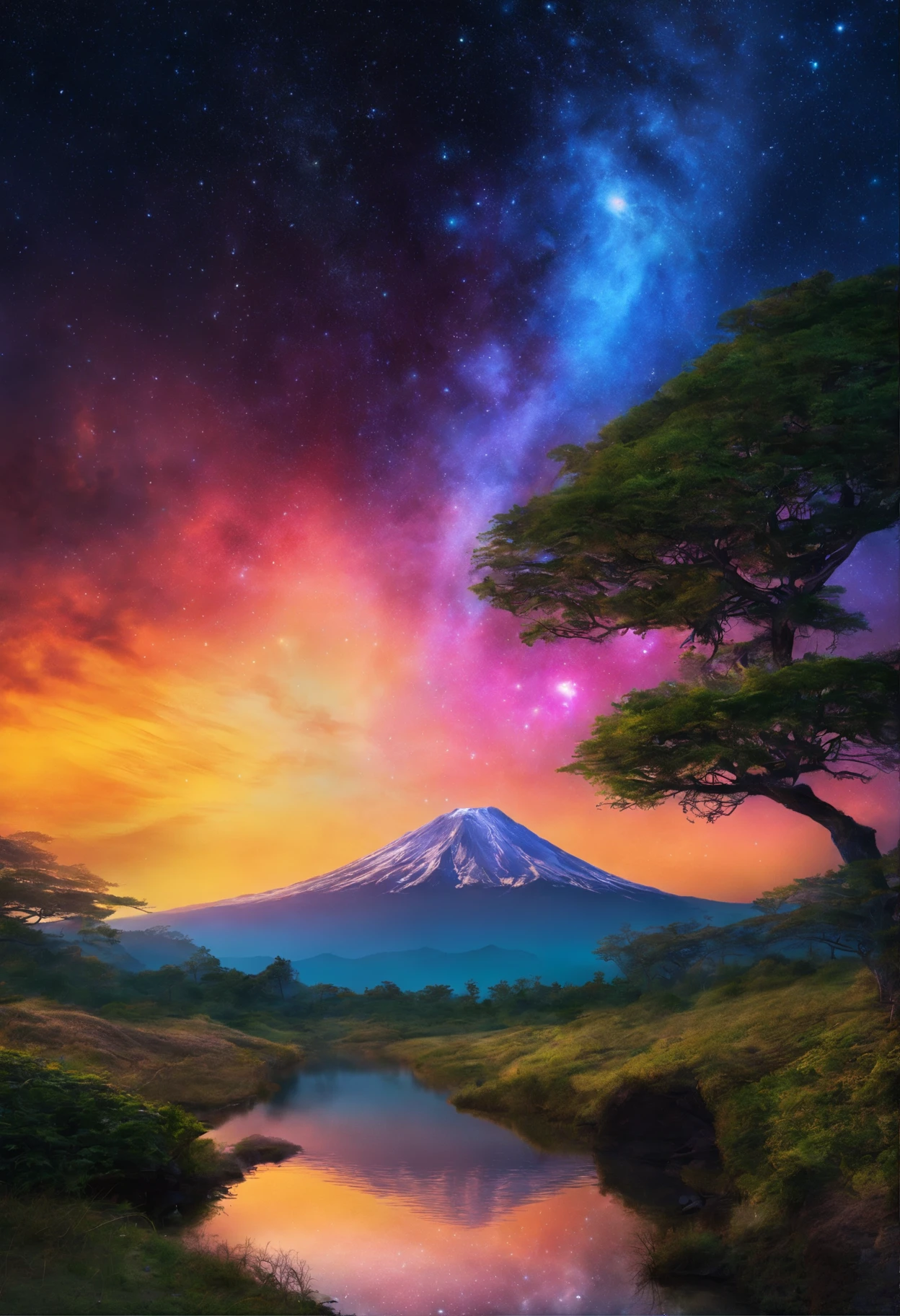 fotografia de paisagem expansiva, distant volcanoes, Magical montagas with waterfall of brilliant waters, illuminated water, (a view from below that shows the sky above and the open field below), (pegue a chave: 1.2), (estrelas cadentes: 0.9), (nebulosa: 1.3), montanha distante , (fonte de luz quente: 1.2), (Pirilamplighto: 1.2), lamplight, luz roxa e azul neon,luzes Magiasm detalhes complexos, volumeric lighting (obra-prima: 1.2), (melhor qualidade), 4k, ultradetalhado , (dynamic compositing: 1.4), detalhes coloridos altamente detalhados (cores iridescentes: 1.2), (bright illumination, Atmospheric Illumination), sonhador, Magia, (sozinho: 1.2)