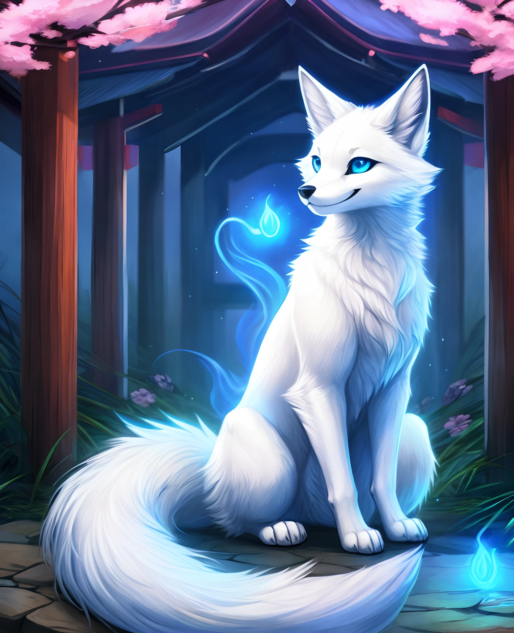 falvie
asian_mythology east_asian_mythology mythology
canid canine fox mammal will-o'-the-wisp
2017 digital_media_(artwork)
ambiguous_gender blue_eyes detailed_background feral fox_spirit fur kitsunebi multi_tail paws shrine sitting smile solo tail white_body white_fur