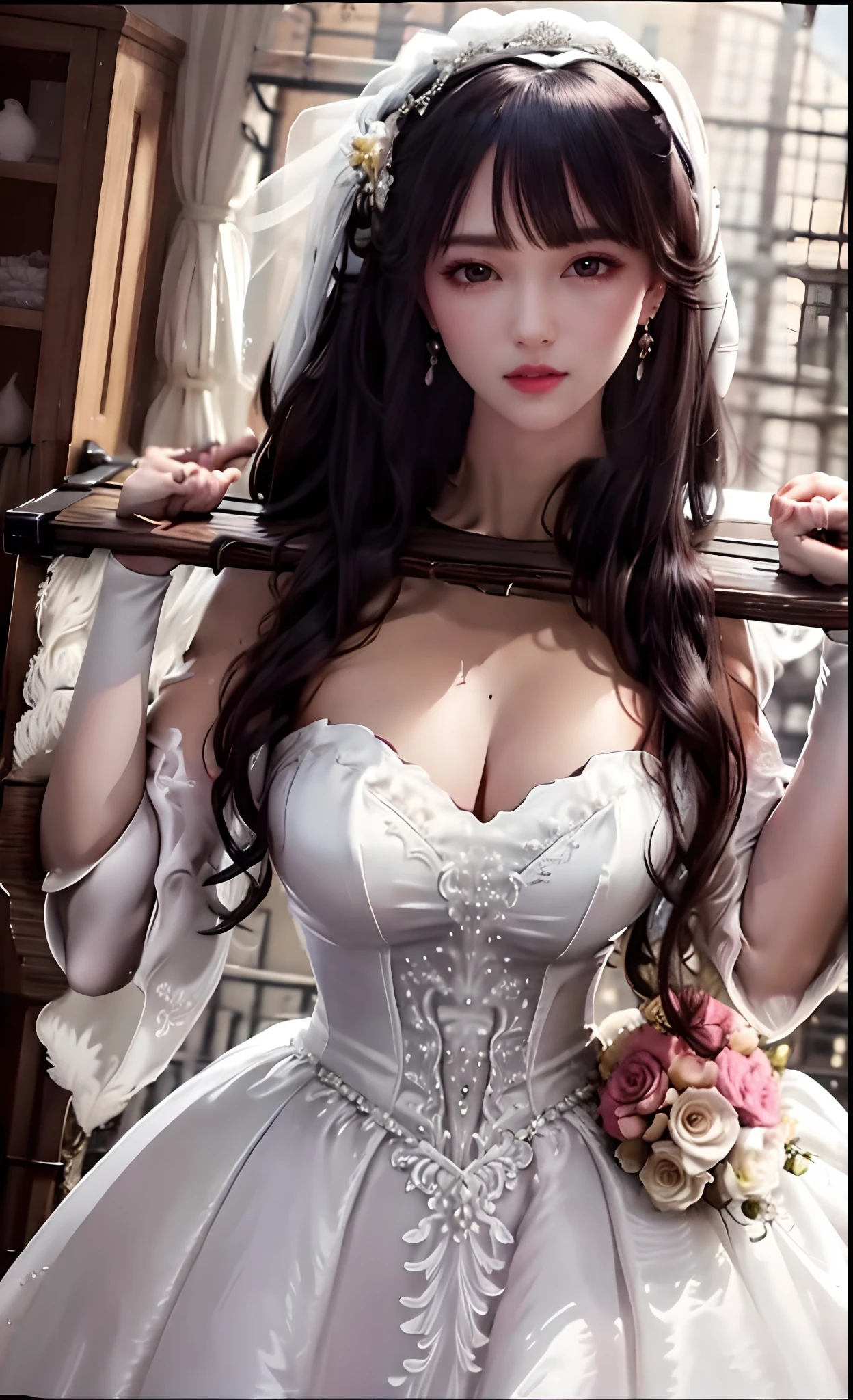 Close-up of a beautiful bride wearing a beautiful wedding dress, Gurwitz,（Pillory：1.5）, （flail：1.2）,  flail on the head, flail on the hands,(bridal veil: 1.5), (transparent short veil: 1.5), flushed face, head flower, tiara, Very detailed princess wedding dress,(tube wedding dress: 1.5), (silk dress: 1.2 ), (strapless wedding dress: 1.5), （floor length skirt：1.2）, pure white dress,white long skirt, necklace, earrings, (huge breasts: 1.3), deep V heart-neck wedding dress, bangs, lipstick, (lace gloves: 1.3),  high detail RAW Color art,