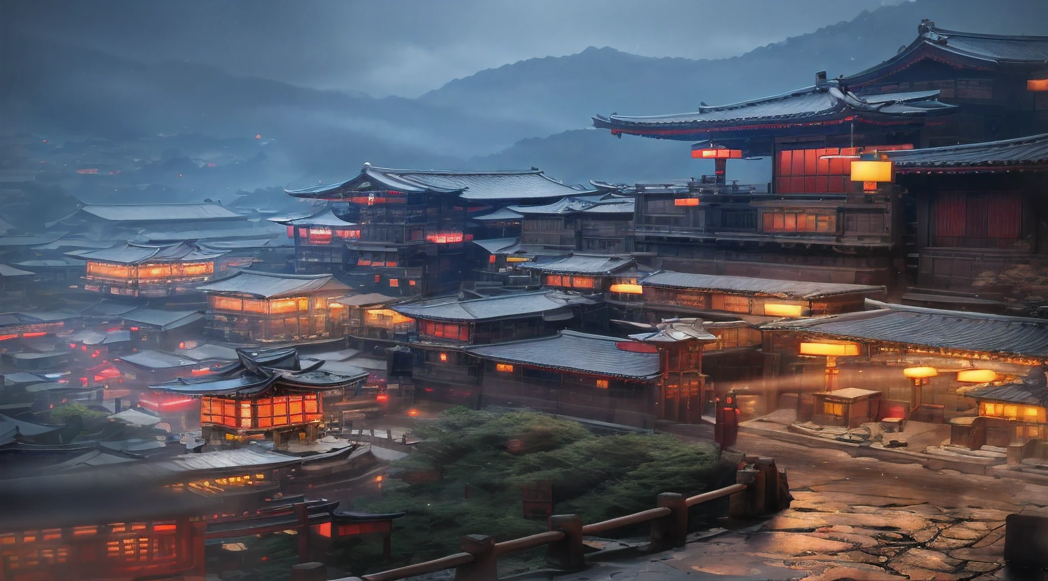 arafed view of a village with a lot of lights on the buildings, dreamy chinese town, chinese village, amazing wallpaper, japanese town, japanese village, hyper realistic photo of a town, old asian village, japanese city, by Raymond Han, rainy evening, cyberpunk chinese ancient castle, beautifully lit buildings, at evening during rain, beautiful and aesthetic, photography, cinematic, 8k, high detailed ((Heavy rain)))