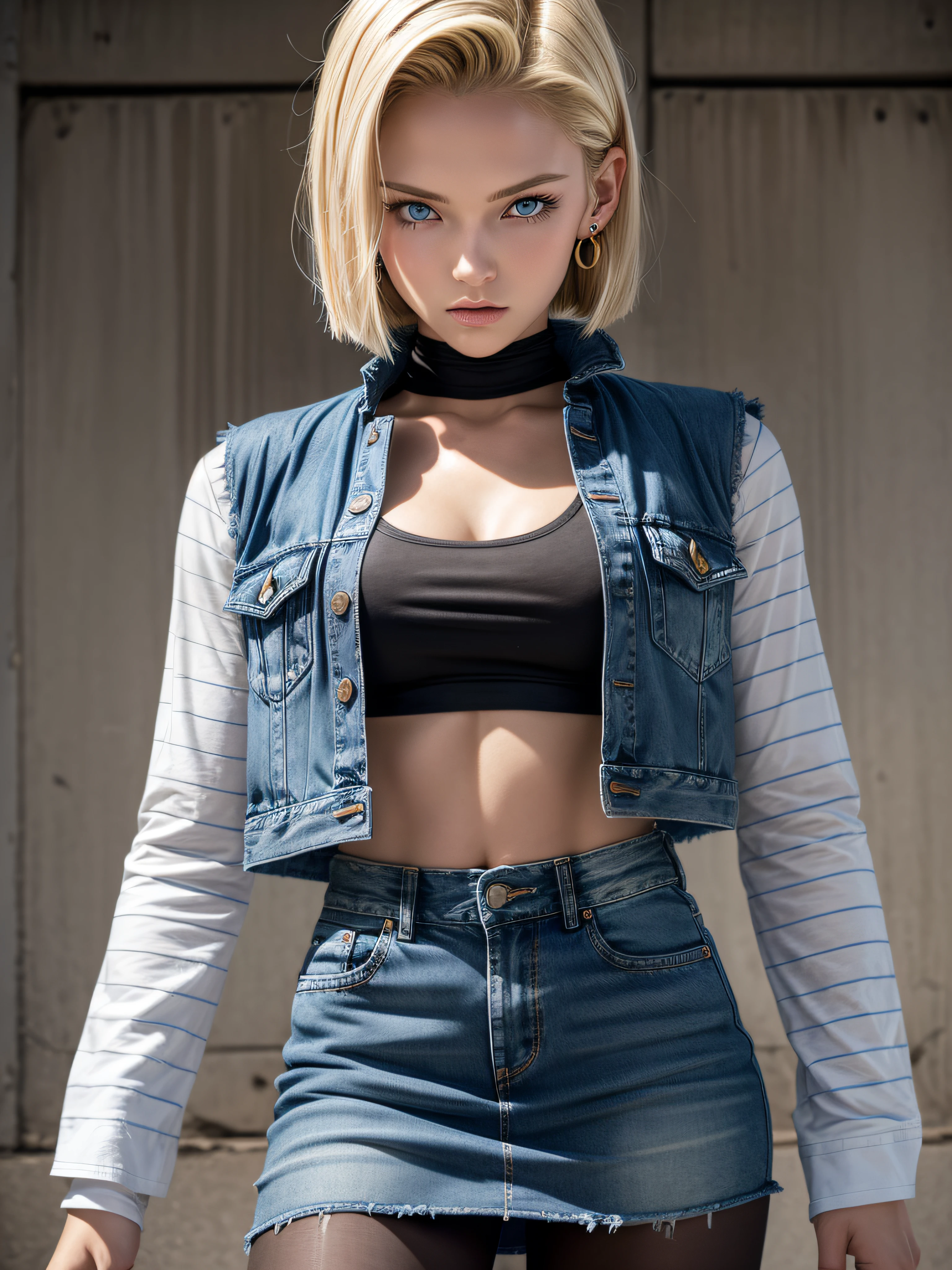 Best quality, A high resolution, and18, 1girl in, Android 18, Solo, Blonde hair, Blue eyes, Short hair, Earrings, jewelry, denim vest, Open vest, Black pantyhose, Black shirt, Denim skirt, Striped long sleeves, Blue skirt, Medium breasts, Cowboy shot, street, (Externally expanded Chest: 1.2)