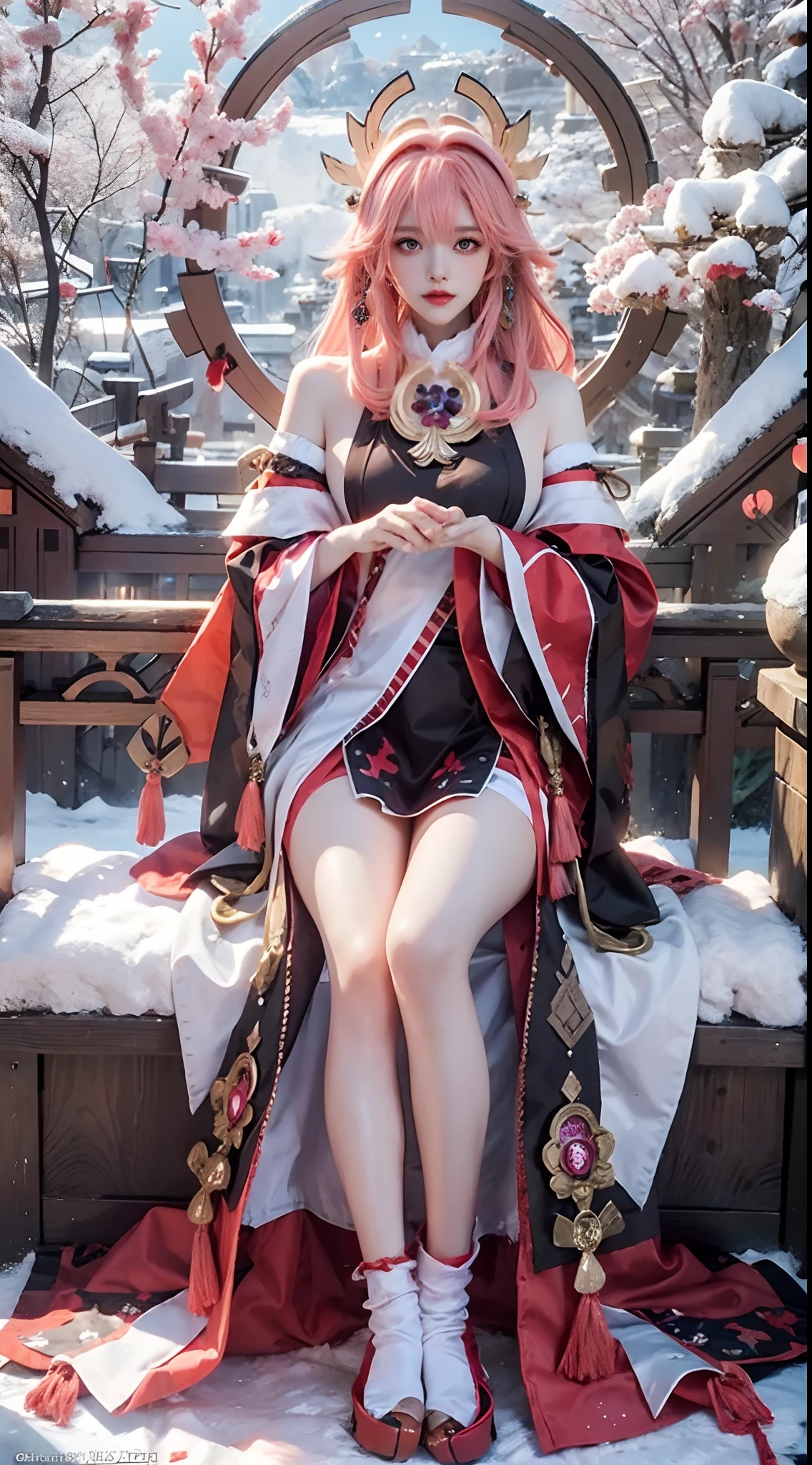 Girl in pink dress posing enchantingly，Keqing from Genshin Impact，Nakari from Genshin Impact，Barbie wears white lace stockings，From Azure Lane video games，Ki no Sakura，Popular on CGstation，ayaka genshin shock，1girll， Feathered feidie_helmet， White furry coat，， Yuki， tmasterpiece， 8K， best qualtiy， black long straight hair， Red furry cape， cloaks，There are birds in the sky，There are butterflies in front（full body2.0）Snowy mountains in the back，The sky is blue，Flowers in hand