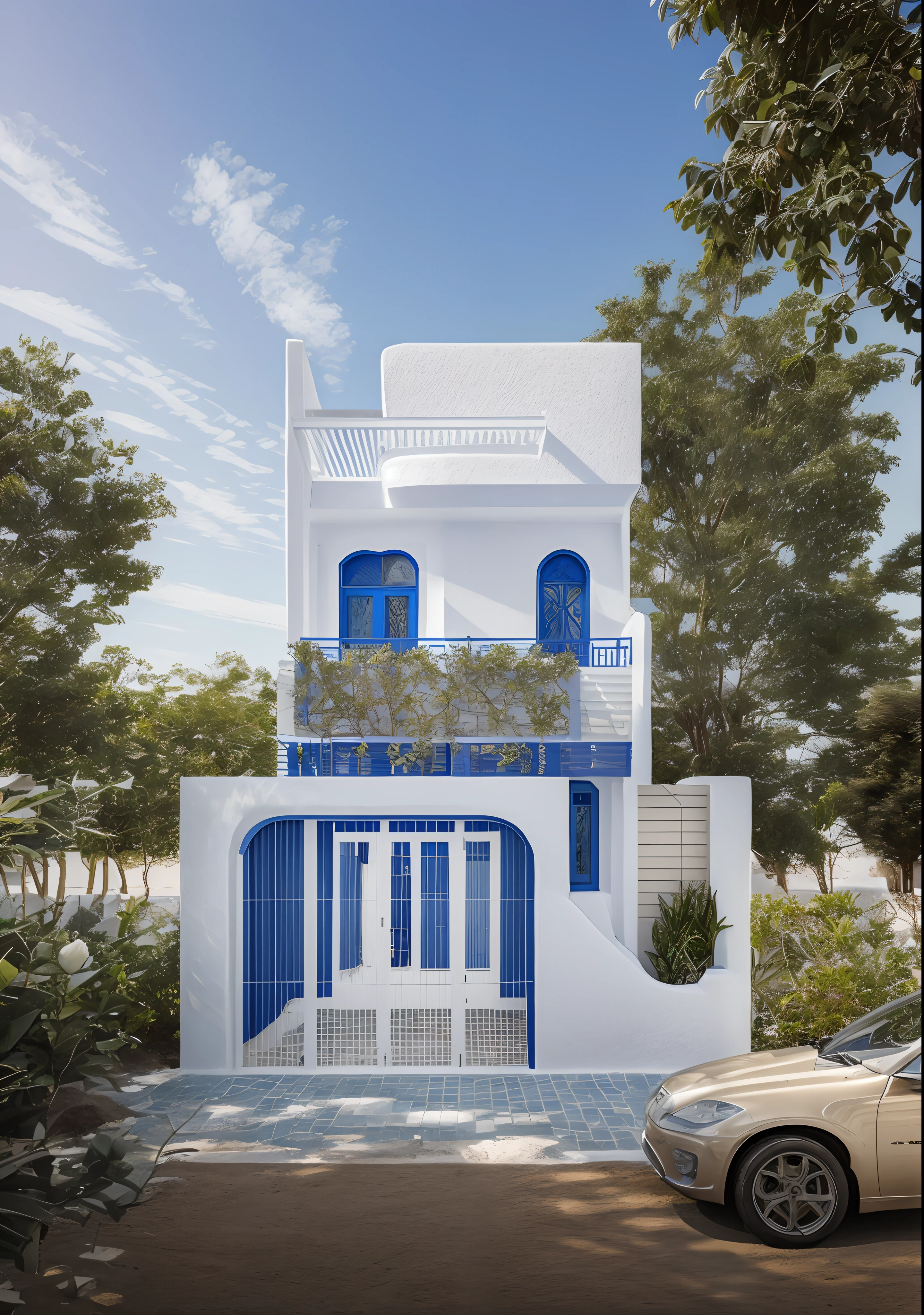 exterior of house, santorini style, white rough wall, cobalt window, cobalt wood door,