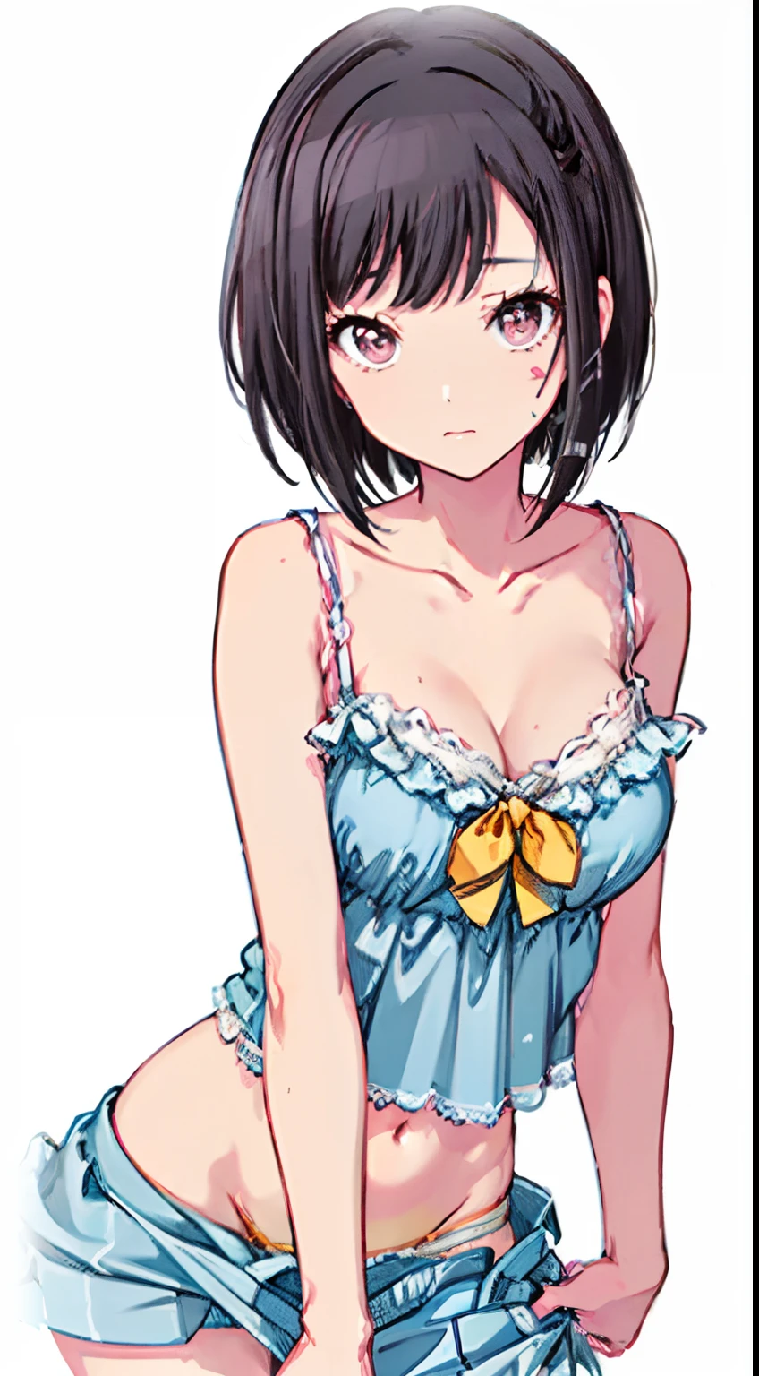 (Light blue camisole Pull up the skirt to show light yellow panties The bra is visible Gravure Pose Very detailed down to the smallest detail clear outlines Beautiful face Beautiful skin) thin-waist A slender ribbed skinny limbs teats cleavage of the breast Beautiful breasts a short bob Uterine mouth Beautiful fingertips Light blue nails Anime style