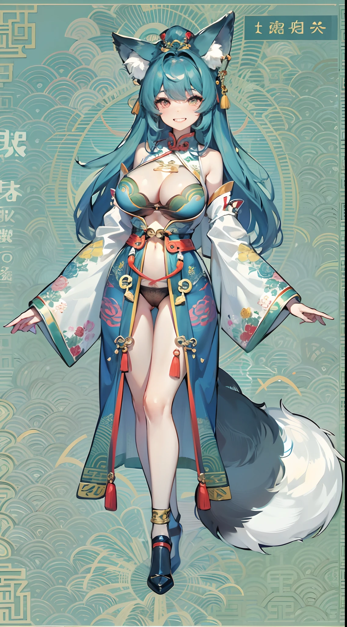 a beauty girl,Mature face,a matural female,Fluffy tail hair,Ultra-loose underwear,clothes slipping off,Anterior convex and posterior,Straight chest,Ruddy complexion,Huge fox tail,nabel,(huge tit),adventurer,tit,areola of breast,pantiess,Stockings,Human Services Group,(Chinese tradition),(Pubic bone),(on cheongsam),Blue hair,grin,(blacksilk),(huge tit),((tit))
