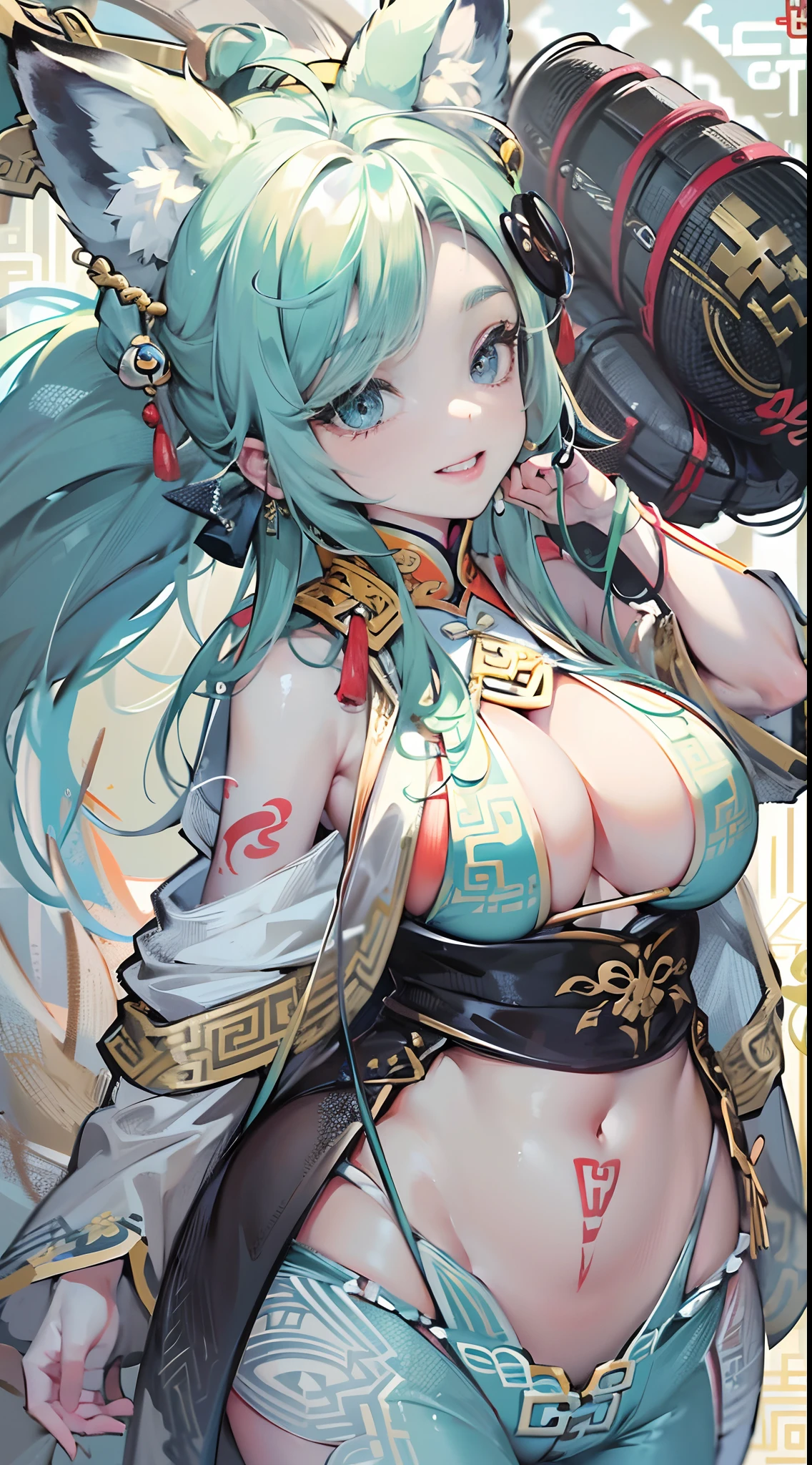 a beauty girl，Mature face，a matural female，Fluffy tail hair，Ultra-loose underwear，clothes slipping off，Anterior convex and posterior，Straight chest，Ruddy complexion，Huge fox tail，nabel，(huge tit)，adventurer，tit，areola of breast，pantiess，Stockings，Human Services Group，(Chinese tradition)，(Pubic bone)，(on cheongsam)，Blue hair，grin，(blacksilk)，(huge tit)，((tit))