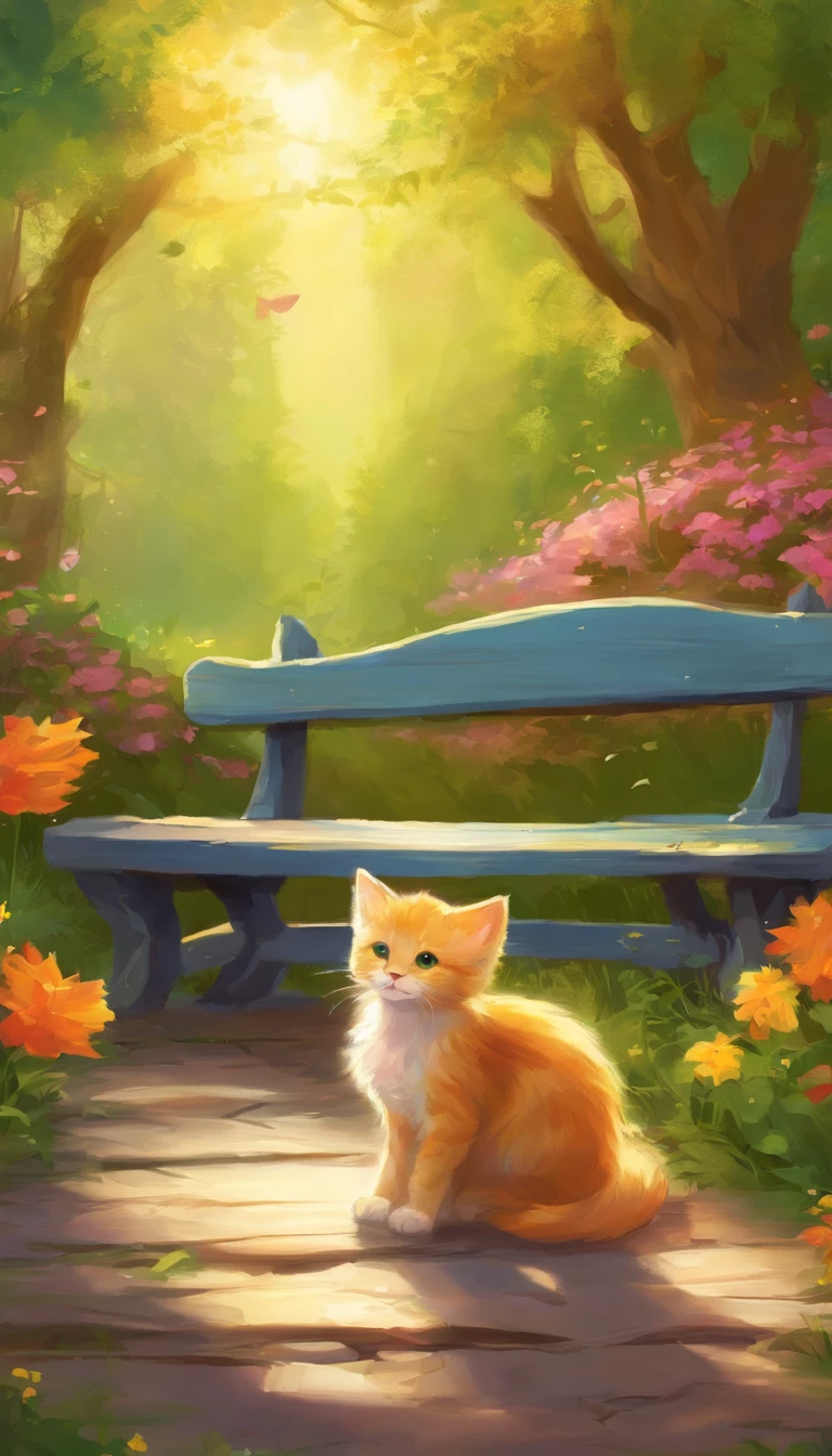 (a small kitten:1.1,big eyes:1.1) sits alone on a park bench, (soft fur) glowing under the warm sunlight. The (rustic wooden bench) is covered with delicate (fallen leaves), creating a cozy and peaceful atmosphere. The (lush green grass) surrounds the bench, providing a vibrant contrast to the kitten's fur. The (soft breeze) gently rustles through the trees, creating a soothing sound. In the background, (colorful flowers) bloom, adding a burst of colors to the scene. The (golden rays of sunlight) caress the kitten's fur, highlighting its innocence and vulnerability. The (subtle shadow) cast by the bench creates depth and dimension to the image. The overall (breathtaking scenery) evokes a sense of tranquility, inviting viewers to immerse themselves in the serenity of the park.