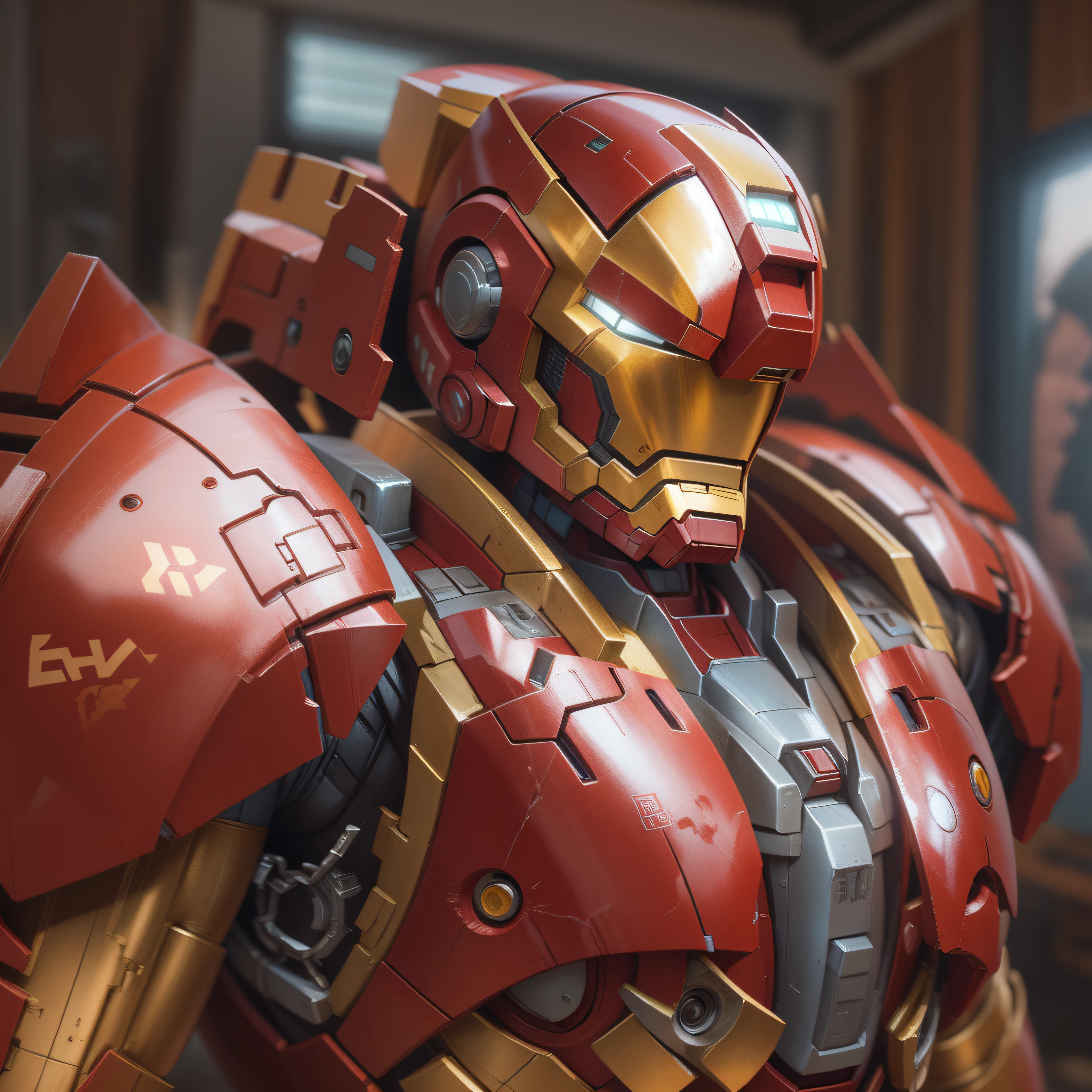 ironman style gundam mobile suite armor in the style of mario feng and ernie barnes, musculine, fantasy, intricate, elegant, highly detailed, digital painting, artstation, concept art, smooth, sharp focus, illustration, art by artgerm and greg rutkowski and alphonse mucha, photo-realistic, octane render, unreal engine, ultra-realistic