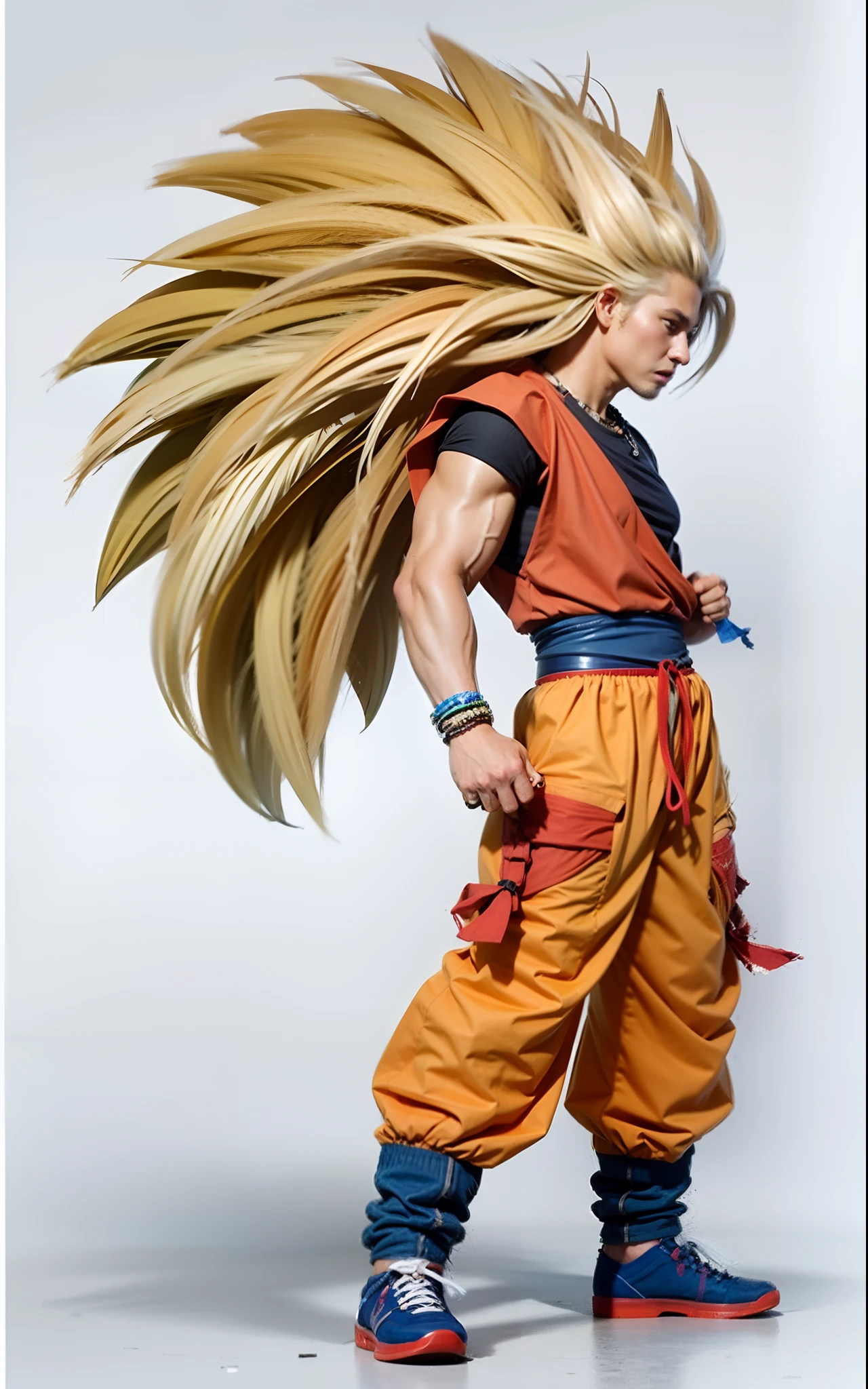 male character, with long blond hair, torn orange sleeveless top shirt, blue shirt underneath, blue waist belt, torn orange pants, blue cloth bracelet, blue cloth sneakers with red details