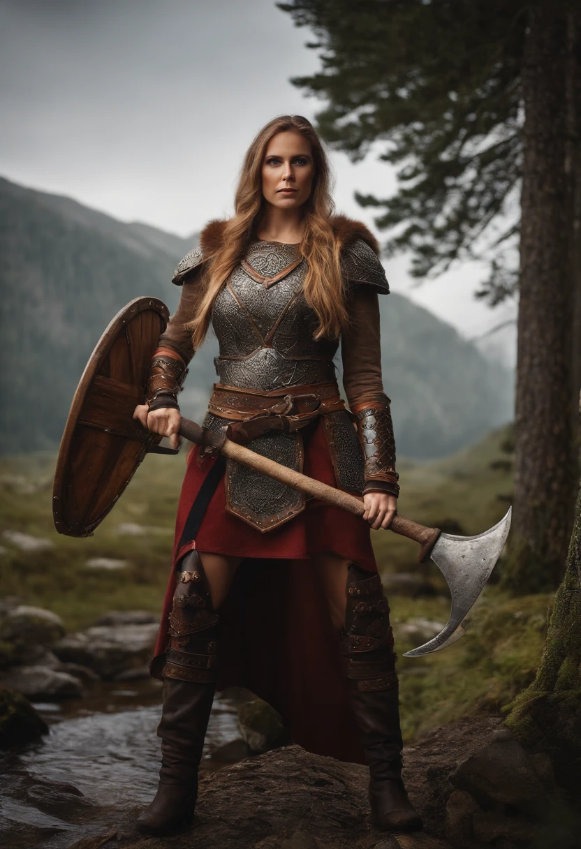 A Woman Wearing Viking Armor, holding an ax in both hands
