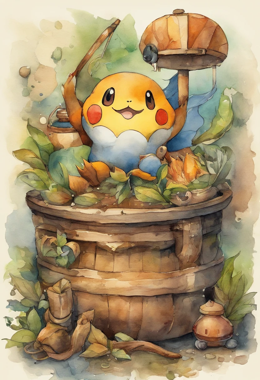 Draw a delightful illustration of Pikachu relaxing in a garden chair. Pikachu should be surrounded by blooming flowers and greenery, sitting comfortably with a smile. Include details like a watering can, garden tools, and butterflies flying around. The overall vibe should be fresh and lively.