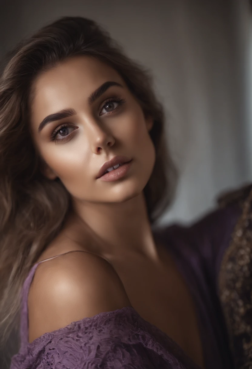 Arafed woman completely ,Hispaniques fille sexy aux yeux bruns, ultra realist, Meticulously detailed, Portrait Sophie Mudd, cheveux bruns et grands yeux, selfie of a young woman, Yeux de chambre, Violet Myers, sans maquillage, maquillage naturel, looking straight at camera, Visage avec Artgram, Maquillage subtil, Superbe photo de profil sur le lit, dans la chambre, Medium to large bust