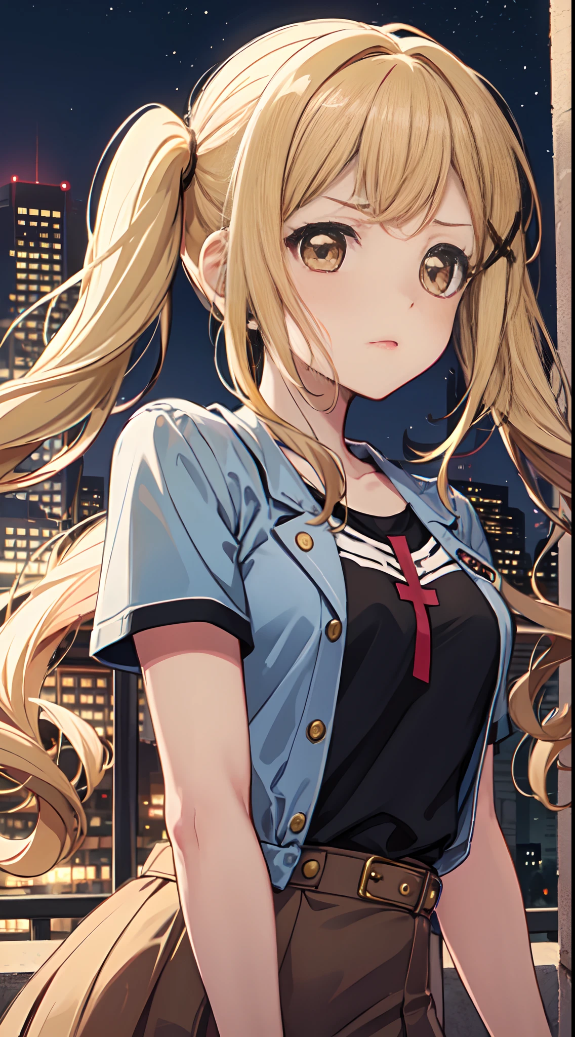 arisa, bang dream, 1girl, solo, long blonde hair, pigtails, cross-shaped hair tie, light brown eyes, grumble, t-shirt, city, dark blue night.