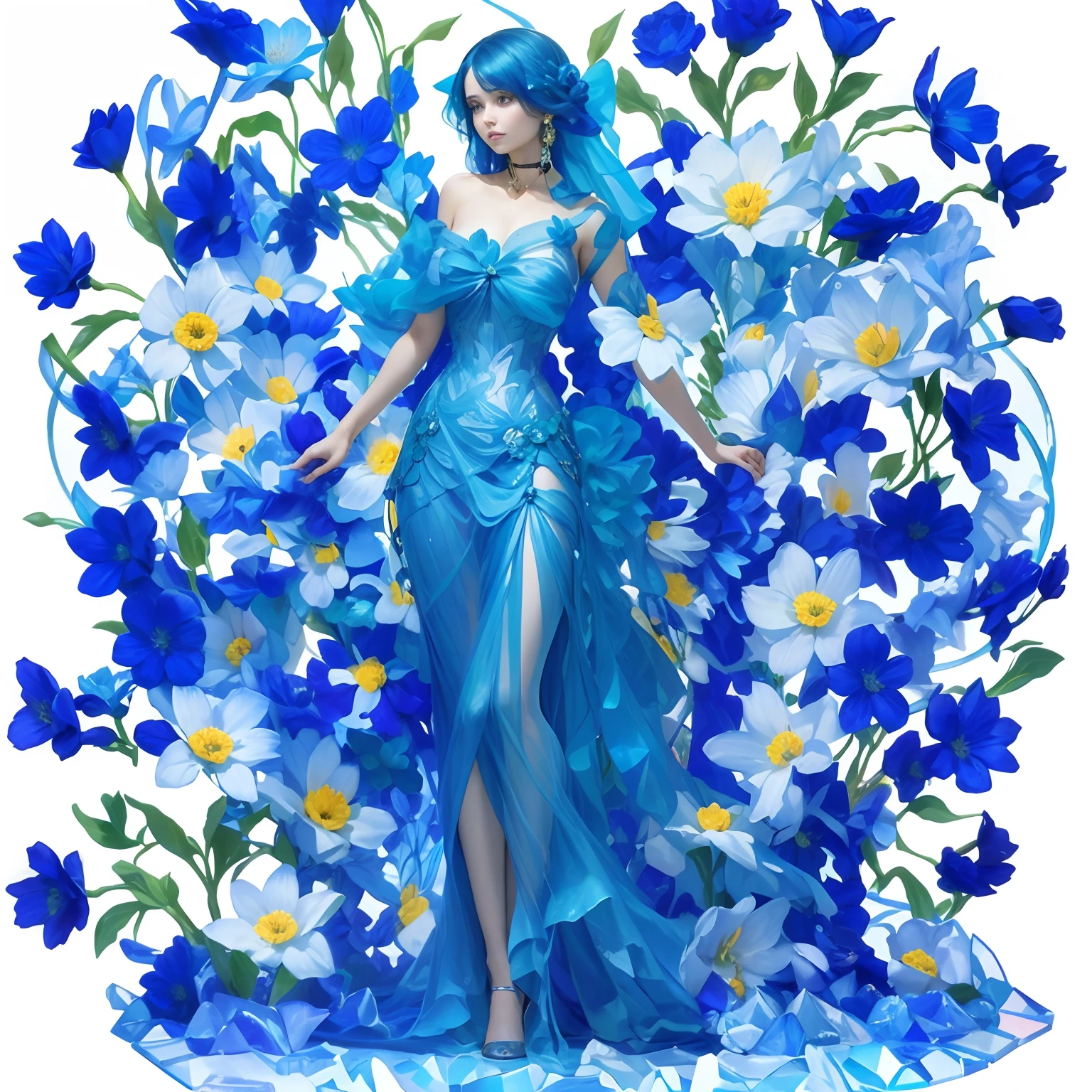 a full body shot beautiful glass woman and flowers made of clear blue glass black background 24k resolution