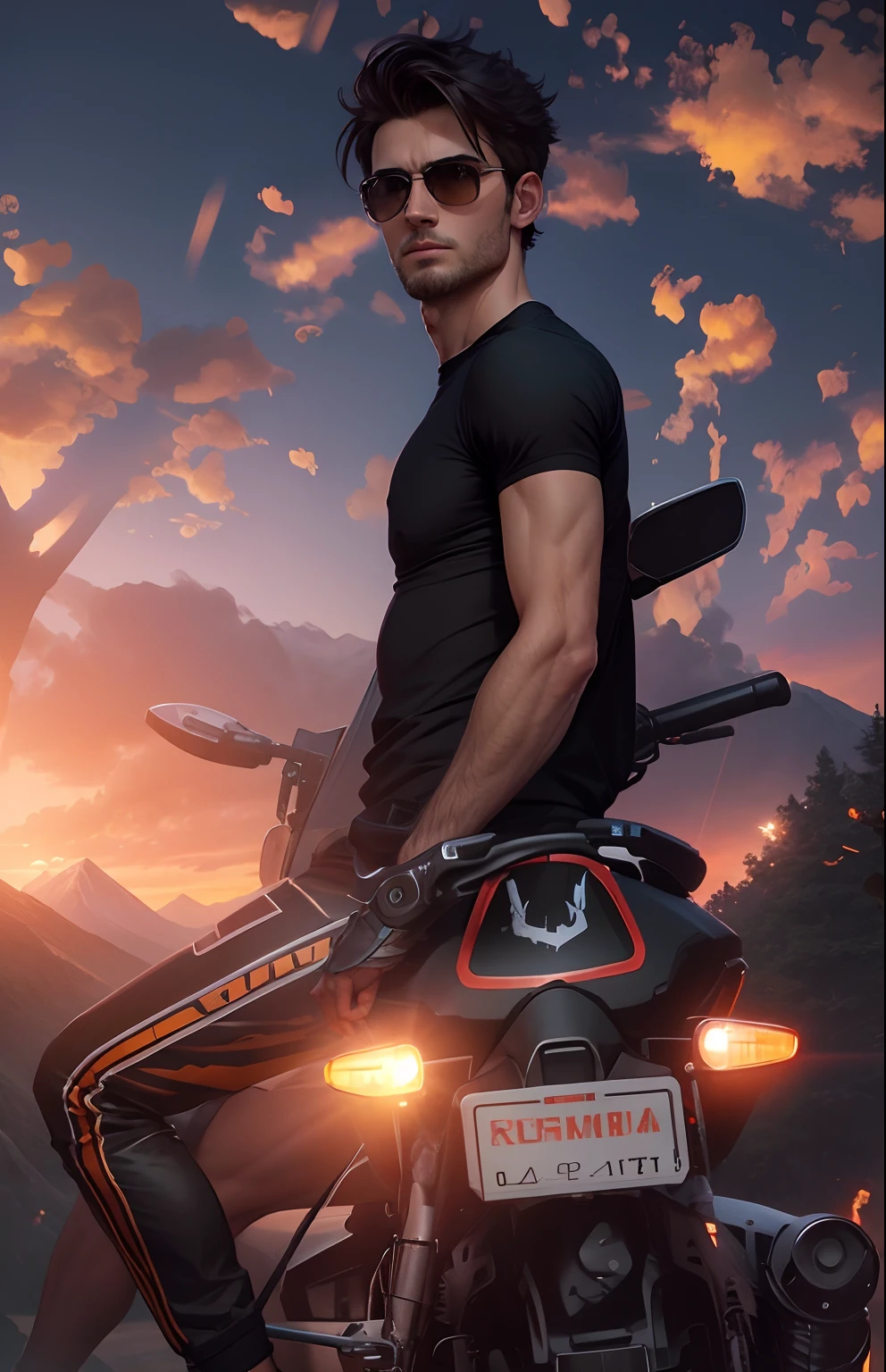 Change background with mountain sunset and black hammer car,realstick,medium mesculer body and arms,hottest handsome boy ,8k
