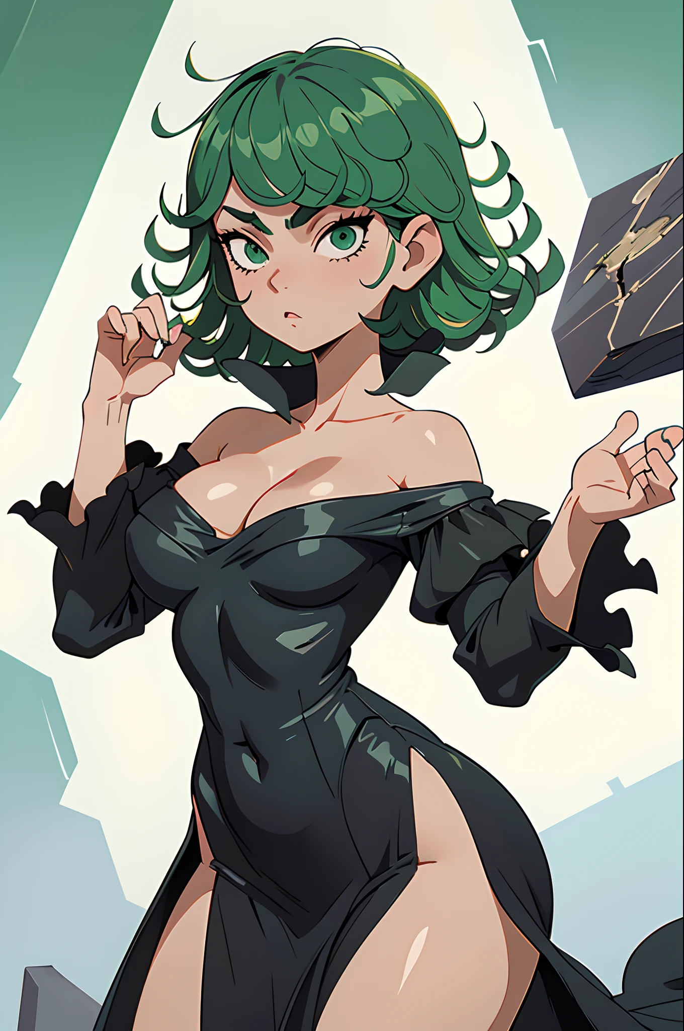 (Masterpiece, Best quality), 1girll, Beautiful face,   tatsumaki, dress, Black dress,Large breasts，cleavage，Off-the-shoulder attire